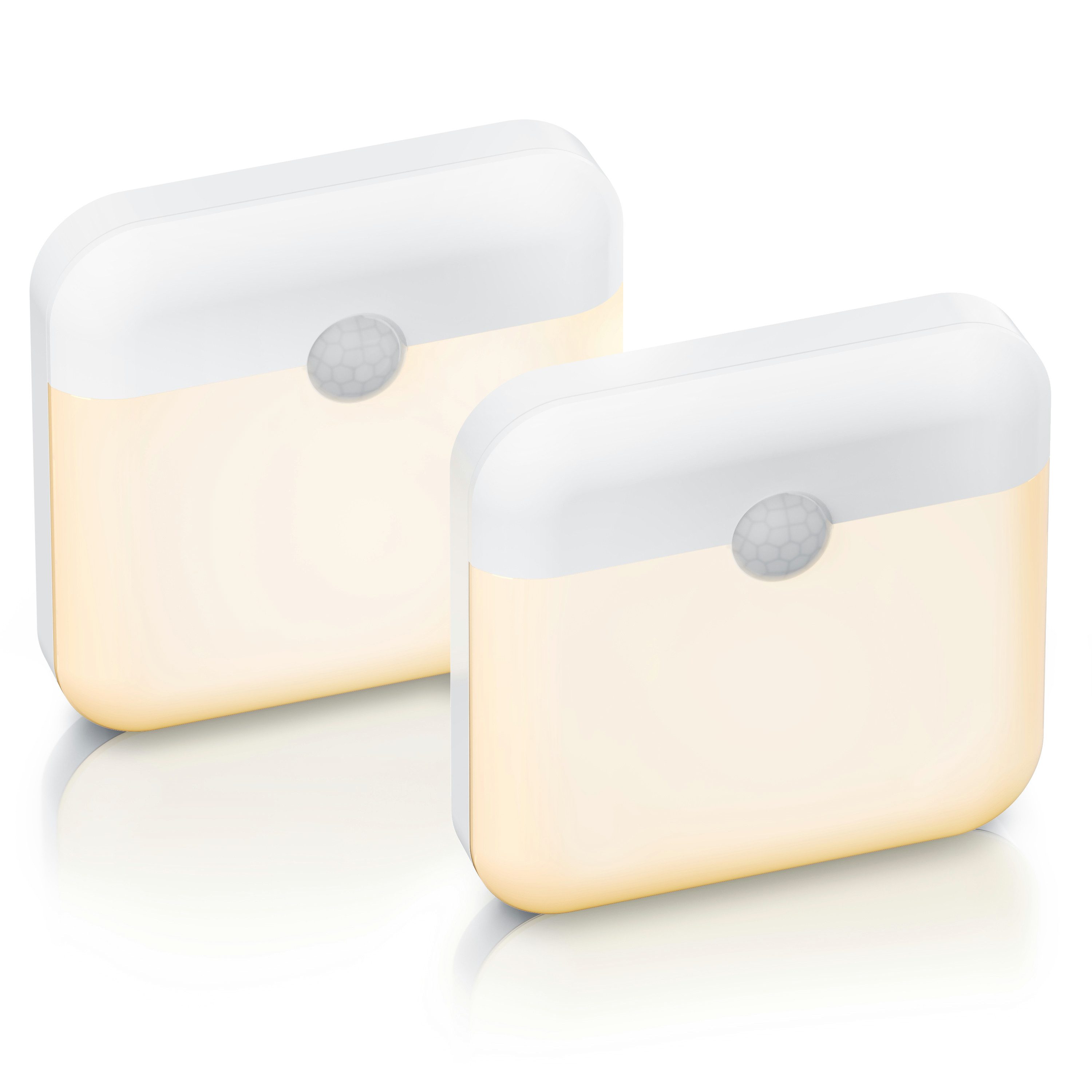 Brandson LED Nachtlicht 2x Schranklicht mit Bewegungsmelder, 2 Lichtfarben, Akku, dimmbar, Bewegungsmelder (PIR); Lichtsensor; Dimmfunktion; Dauerlicht (30 Min); Auto-Modus; Auto-Off (15 s), LED fest integriert, Warmweiß, Kaltweiß, 500 mAh, 60 lm, 7,8x7,8 cm, USB-C, 15 s Timer, Lichtsensor, Magnet