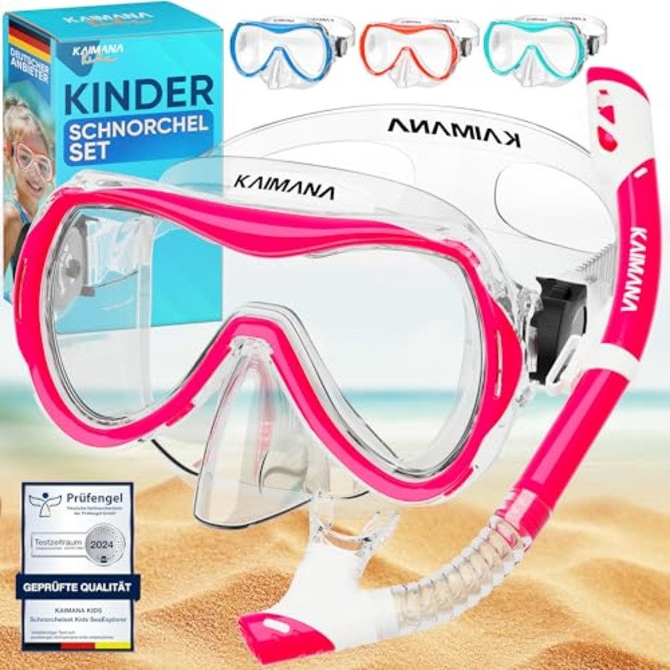 KAIMANA Tauchermaske SeaExplorer Schnorchelset Kinder inkl. Tragetasche, (Taucherbrille mit Schnorchel, Taucherbrille Kinder), Taucherbrille mit Stoffband/Silikonband