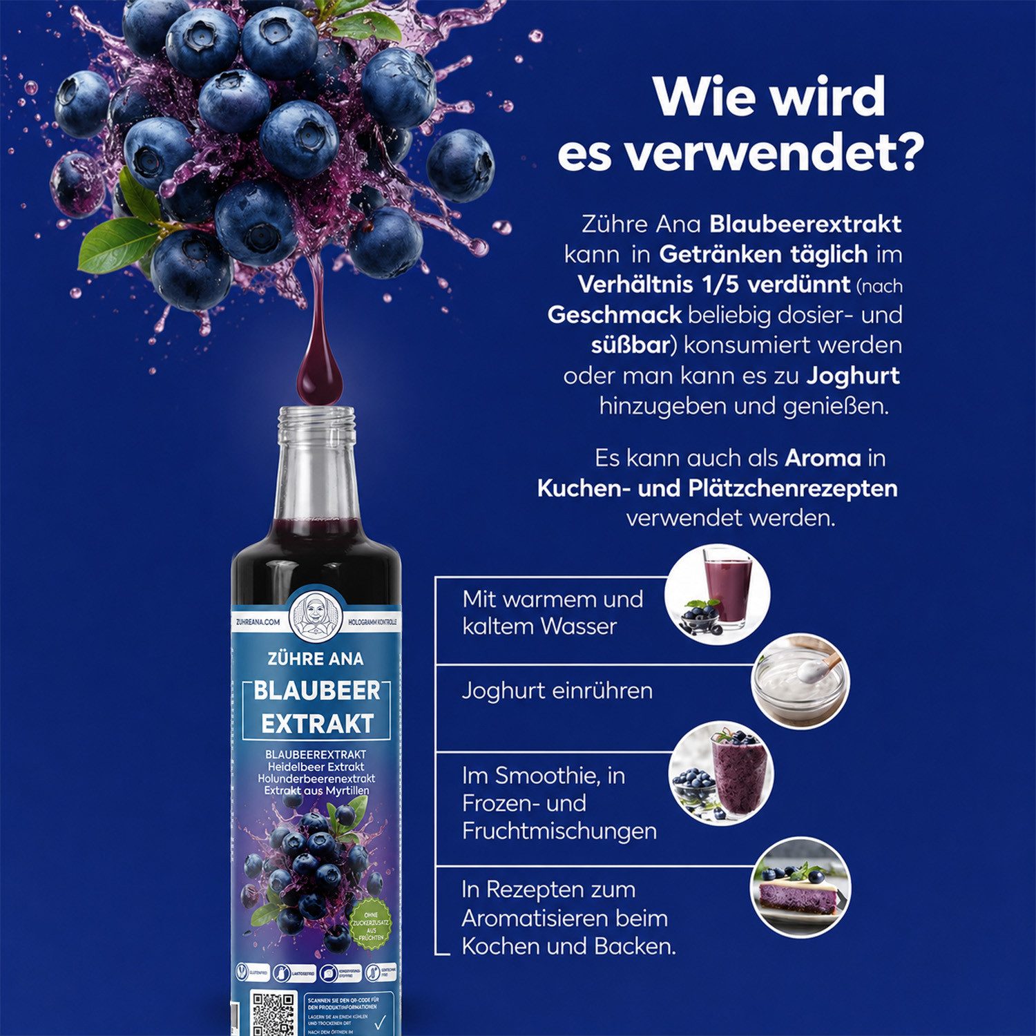 Zühre Ana® Sirup Blaubeerextrakt 640g–100 % Frucht, Konzentrat, Natürlich Aroma, 640 g, Natürliches Aroma und fruchtiger Geschmack Mischverhältnis: 1+5