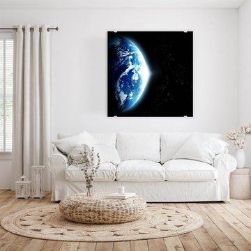 Primedeco Glasbild Wandbild Quadratisch Erde mit aufgehender Sonne mit Aufhängung, Weltall