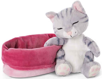 Nici Kuscheltier Sleeping Kitties, Katze, 16 cm, grau, mit pink-lila Körbchen