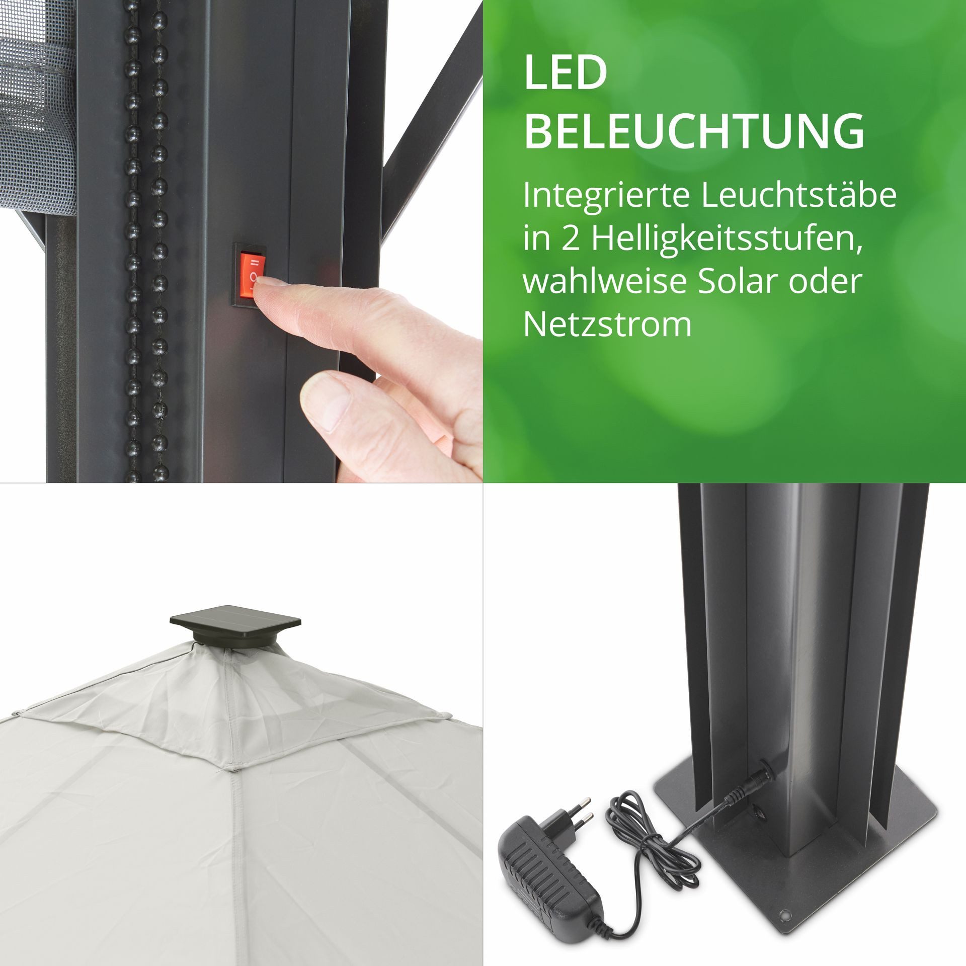 Leco Pavillon / Solarpavillon "Lina", mit 4 Seitenteilen, mit 4 Seitenrollos & LED-Beleuchtung