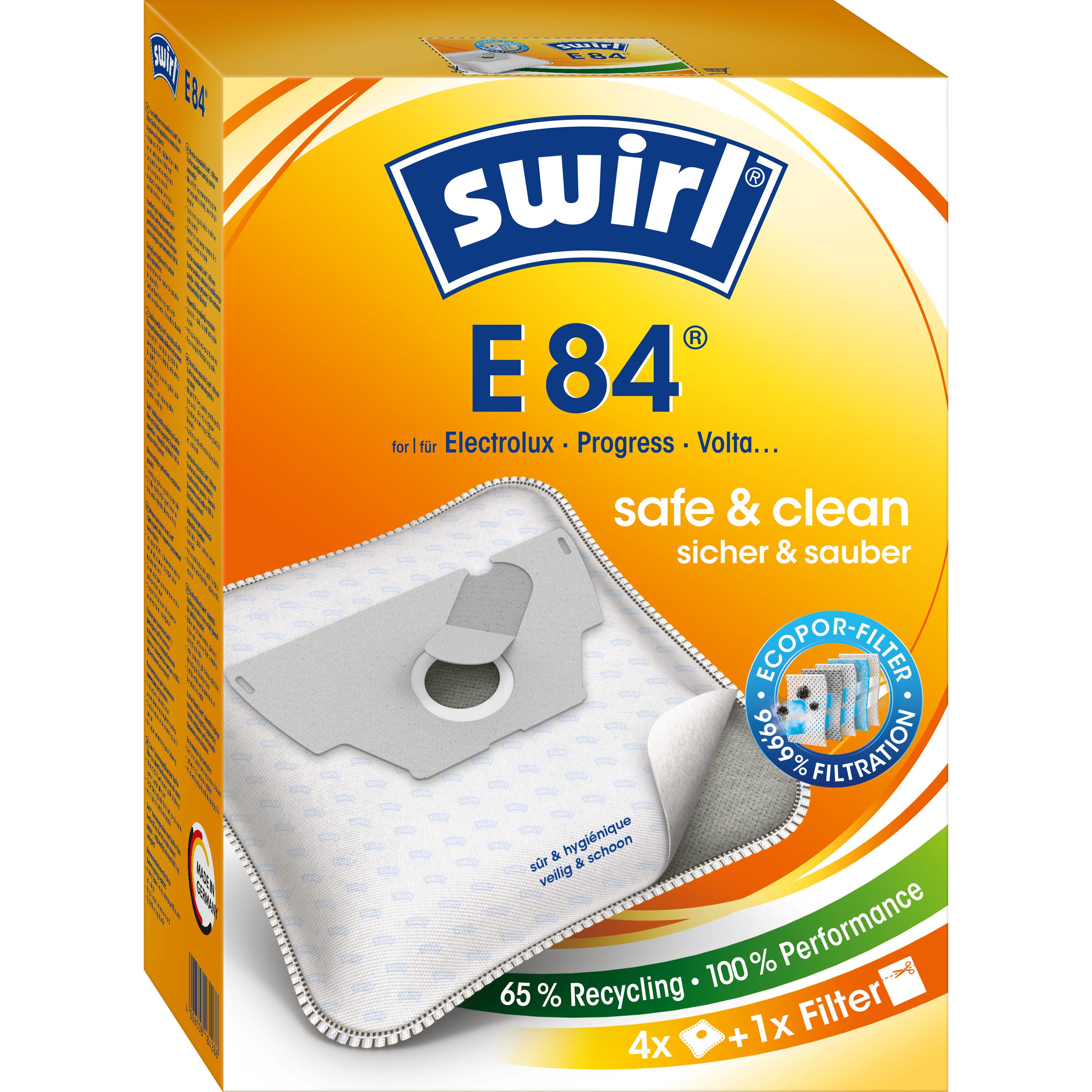 Swirl Staubsaugerbeutel Swirl E84 E 84, passend für Electrolux Progress Volta Staubsauger, inkl. 1 Filter - zuschneidbar, 4 St., Optimale Passform, EcoPor Qualität für lange Nutzungsdauer