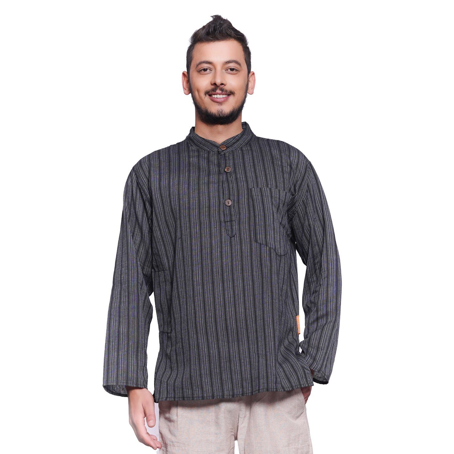 Streifenhemd Herren Kurta Klassisch gestreift schwarz