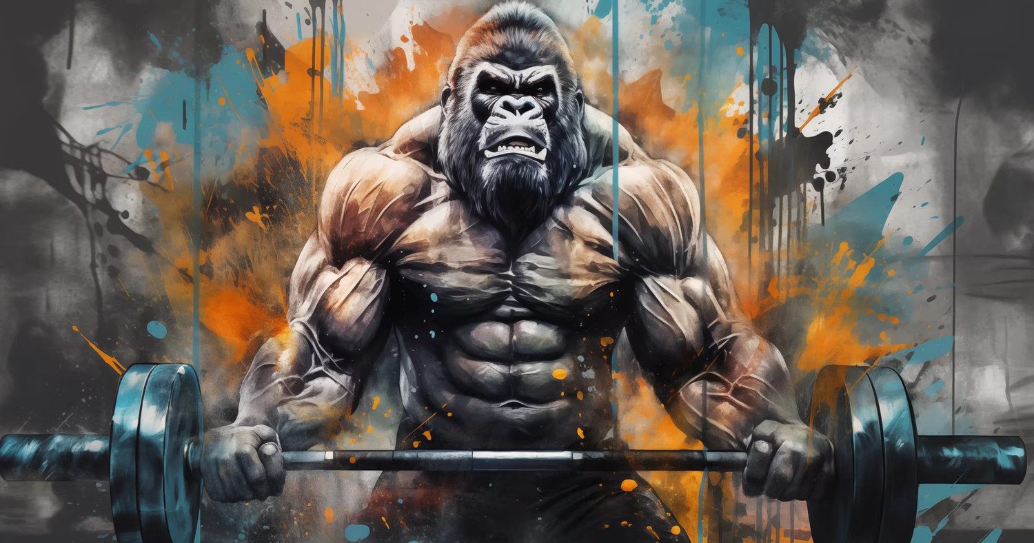 TPFLiving Kunstdruck OHNE RAHMEN, Graffiti Gorilla Barbell Leinwand Malerei (Leinwandbild XXL), Farben: Farben: schwarz, rot, blau -Größe: 20x40cm