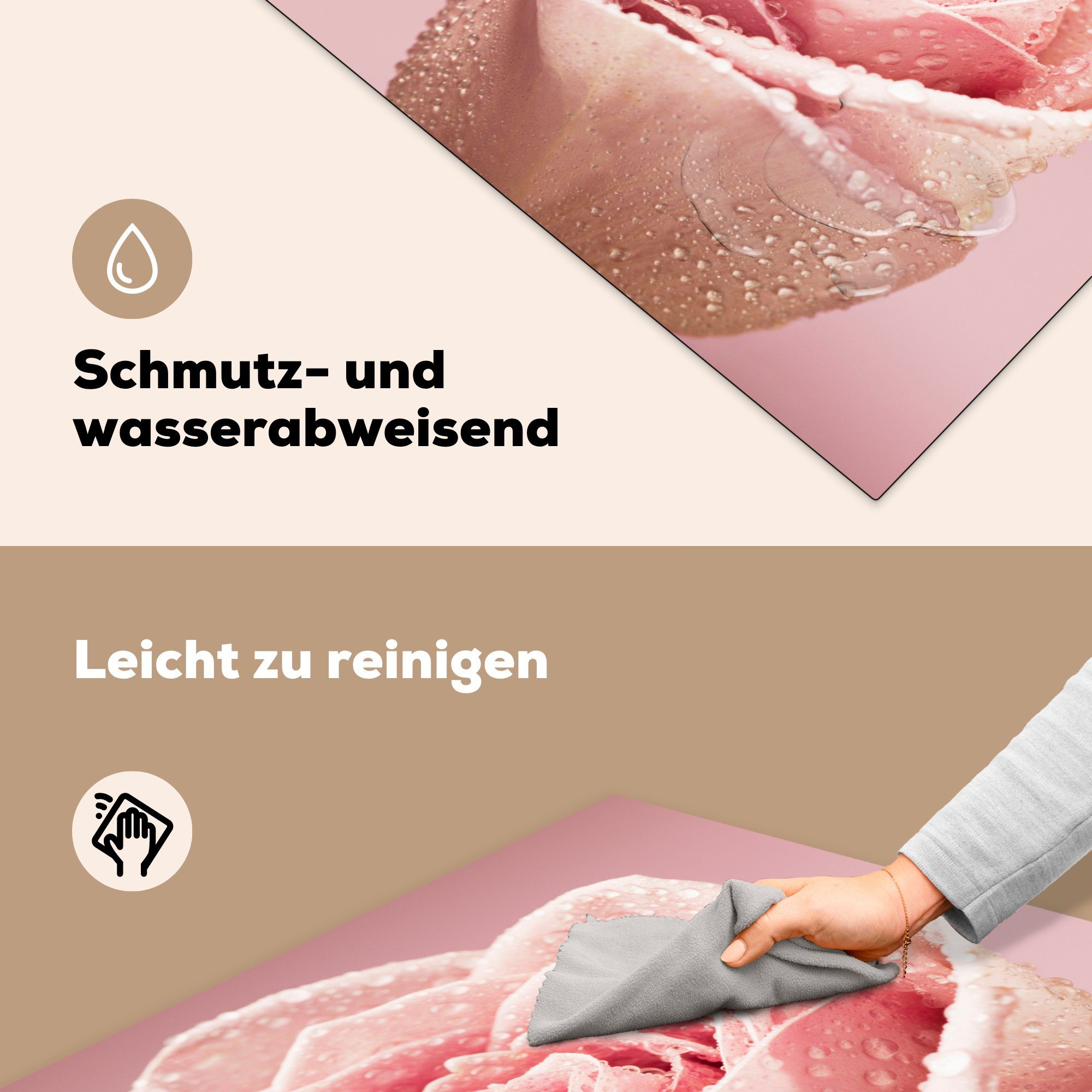 Frühe Arbeitsplatte Ceranfeldabdeckung, rosa einer (1 Rose, auf 78x78 tlg), für cm, küche MuchoWow Herdblende-/Abdeckplatte Vinyl, Tautropfen