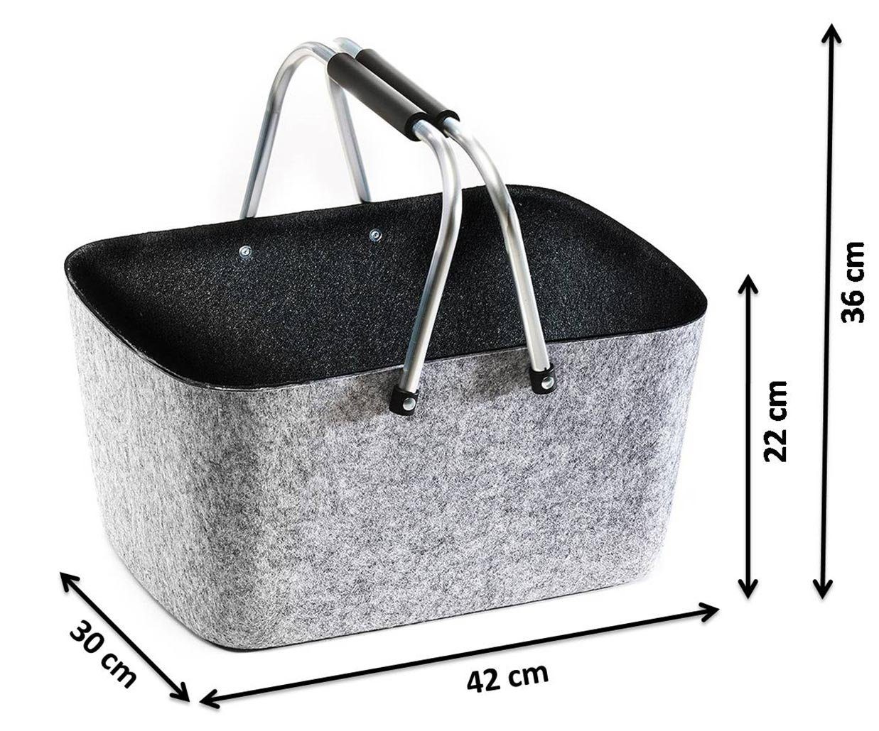 Kobolo Einkaufskorb Filzkorb grau/schwarz mit klappbaren Aluhenkeln, 25 l