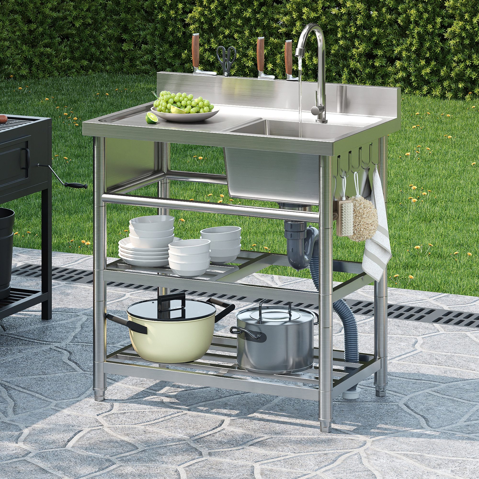 Flieks Outdoor-Küchenmodul Küchenspüle Edelstahlspüle mit Wasserhahn & U-förmiges Abflussrohr (80×50×107 cm, Garten-Waschtisch mit 2 Ablagen, Messerhalter und 4 Haken) Outdoorspüle Gartenspüle Campingspüle Messespüle Edelstahl Silber
