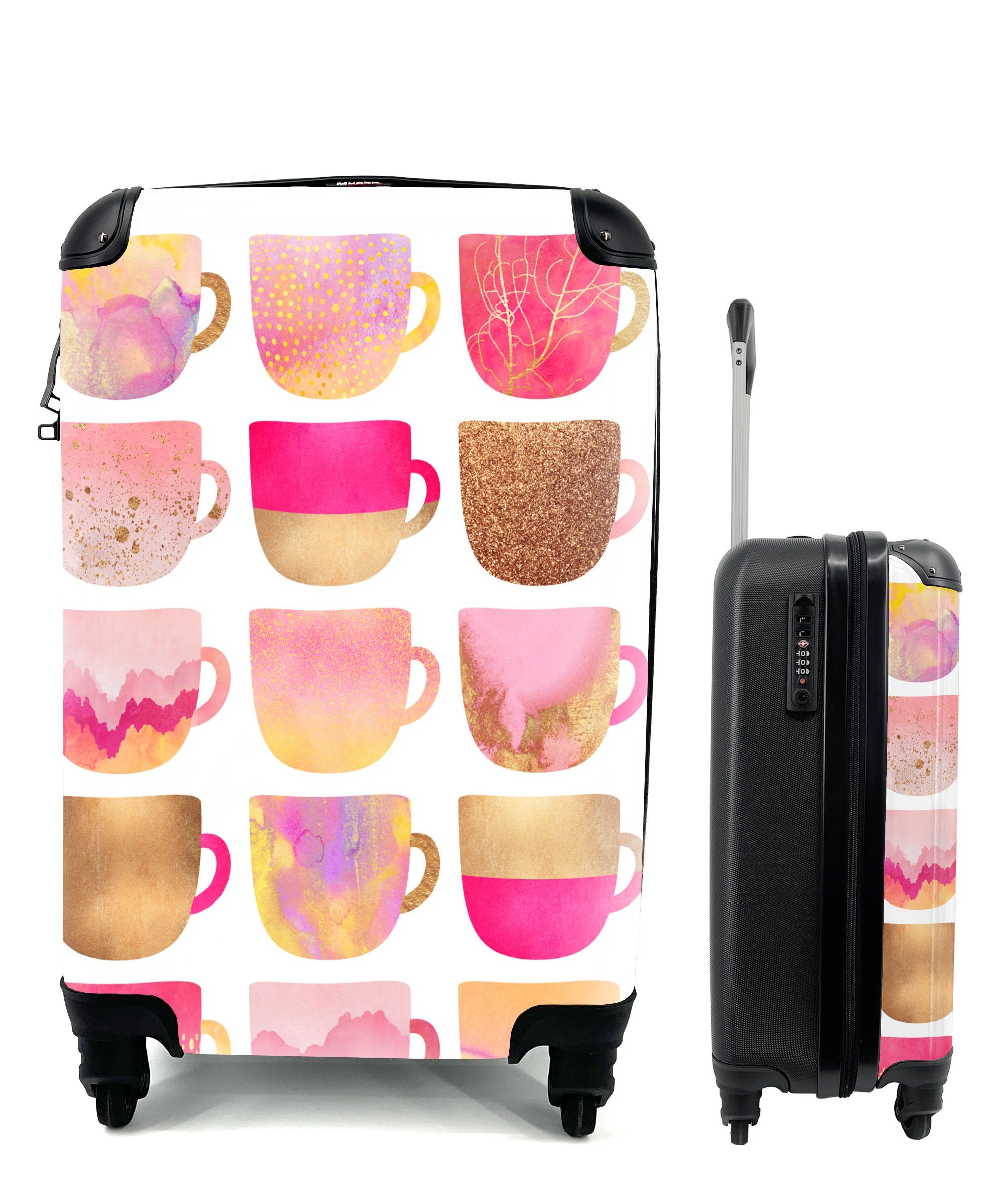 Ferien, rollen, - Rosa Reisekoffer Muster, 4 Design Reisetasche Rollen, Handgepäckkoffer MuchoWow für - - Handgepäck Kaffeetasse Trolley, mit