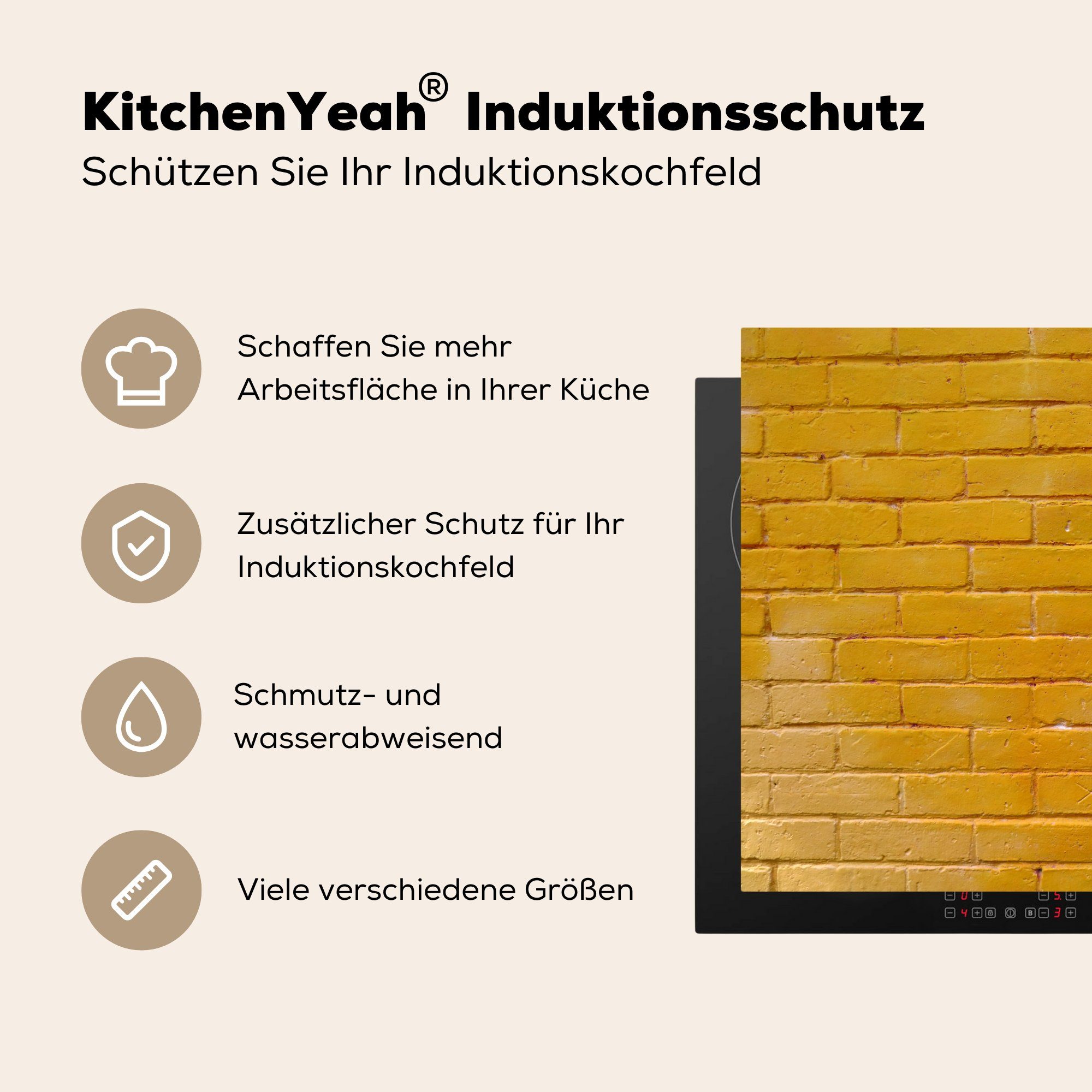 die cm, Ceranfeldabdeckung Schutz Ziegel - Wand, küche, Induktionskochfeld - tlg), (1 Gelb 71x52 Herdblende-/Abdeckplatte für Vinyl, MuchoWow