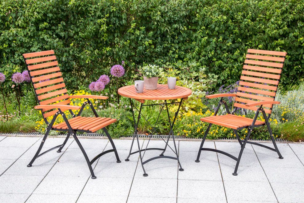 MERXX Garten-Essgruppe (Set, Sessel, Ø/Höhe: klappbar, geölt Eukalyptus cm, 3-tlg), Tisch 70x74 Schloßgarten, 2
