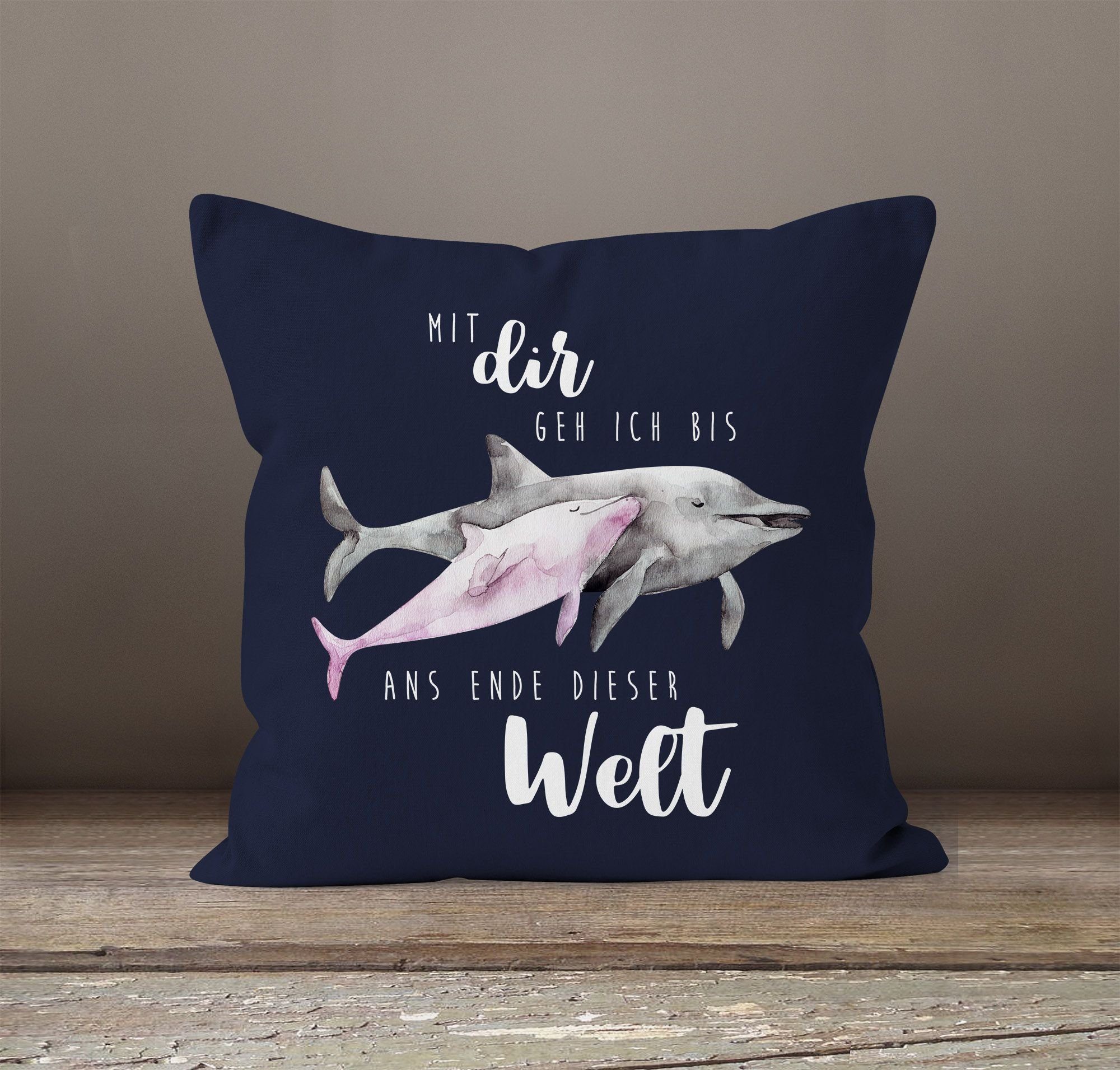 Ende Spruch navy Delphin Kissen-Bezug ich Liebe Watercolor dir Kissen-Hülle Deko-Kissen MoonWorks® MoonWorks Mit Geschenk bis dieser geh ans Delfin Baumwolle Dekokissen Welt