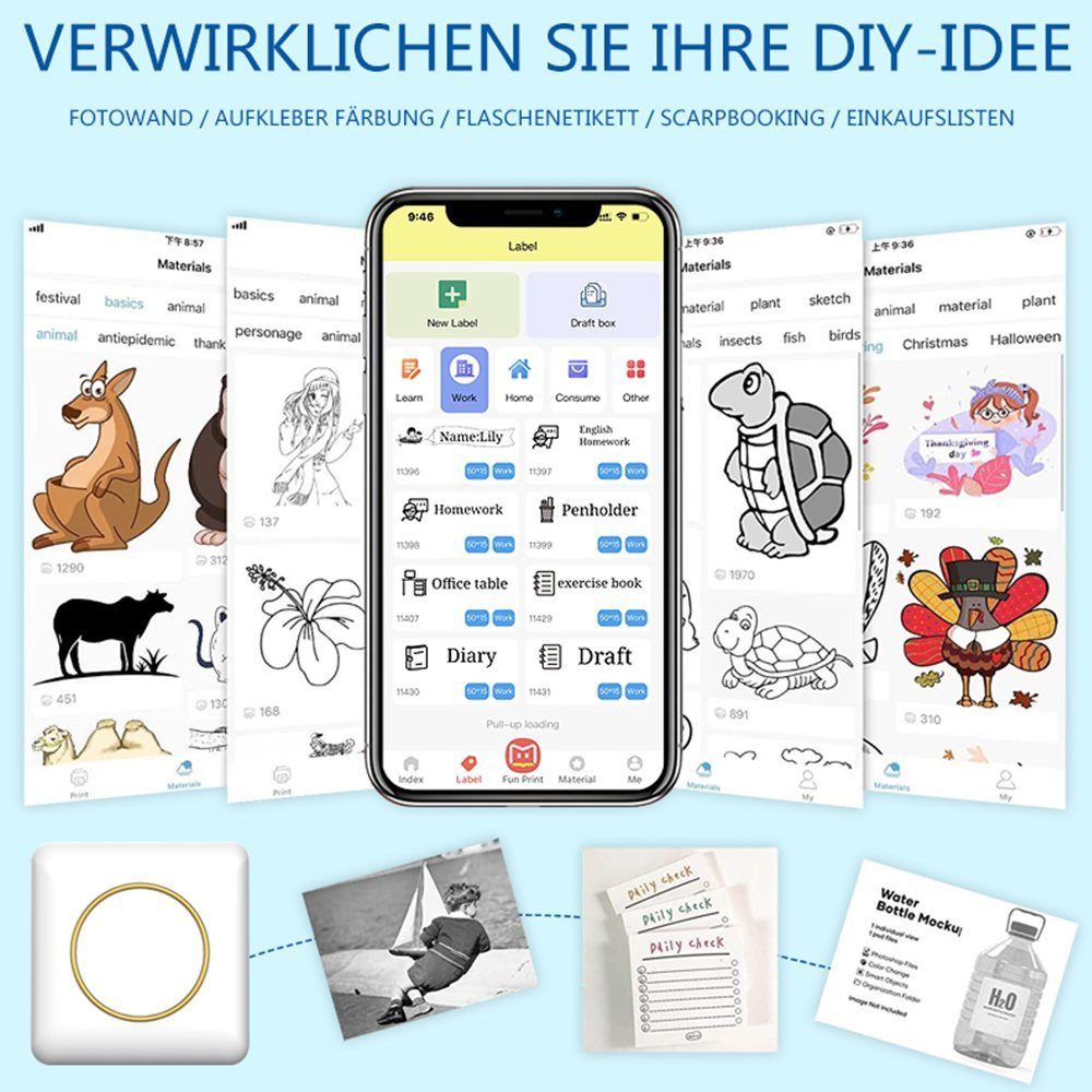 KINSI Minidrucker Kompakter tragbarer Drucker, Bluetooth, drahtlos Multifunktionsdrucker, (Bluetooth, Thermodruck mit 10 Rollen kostenlosem Druckerpapier)