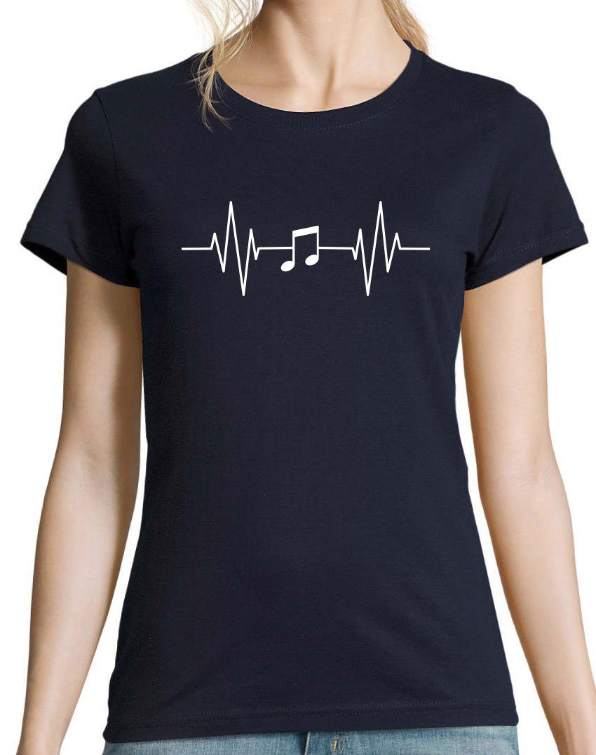 mit Frontprint T-Shirt Designz Youth Music Heartbeat Damen Navy Musik Note Shirt