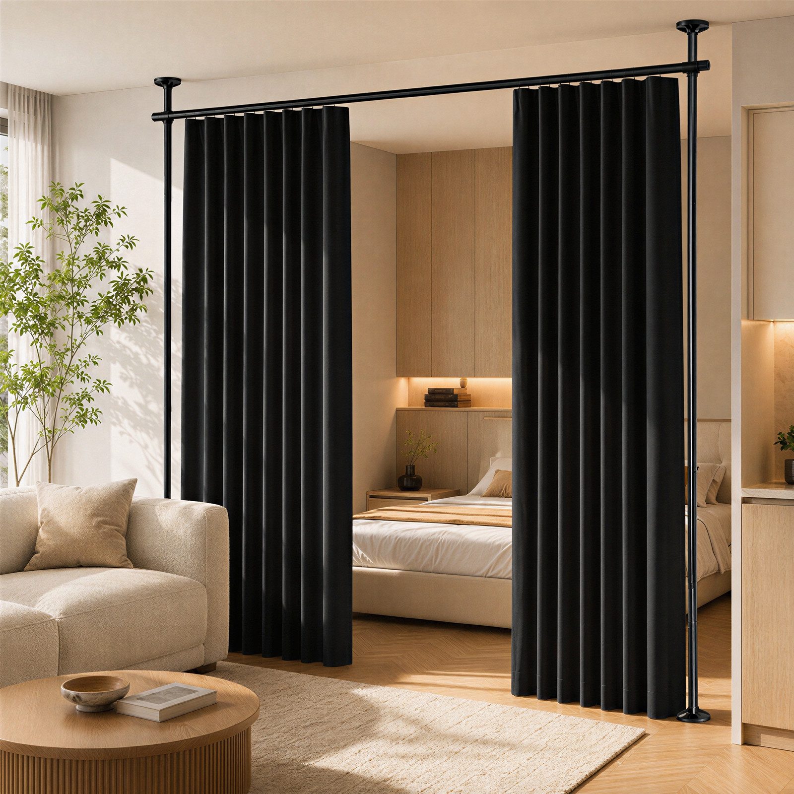 BlingBin Raumteiler Bohrfreier Raumteiler Spannstange, verstellbares Raumtrenn‑Spannsystem, 2‑vertikal 1‑horizontal, mit Vorhang, Höhe 227‑312 cm, Breite 71‑178 cm 4-tlg., freistehende Sichtschutz Trennwand für Mietwohnung, Homeoffice, Balkon