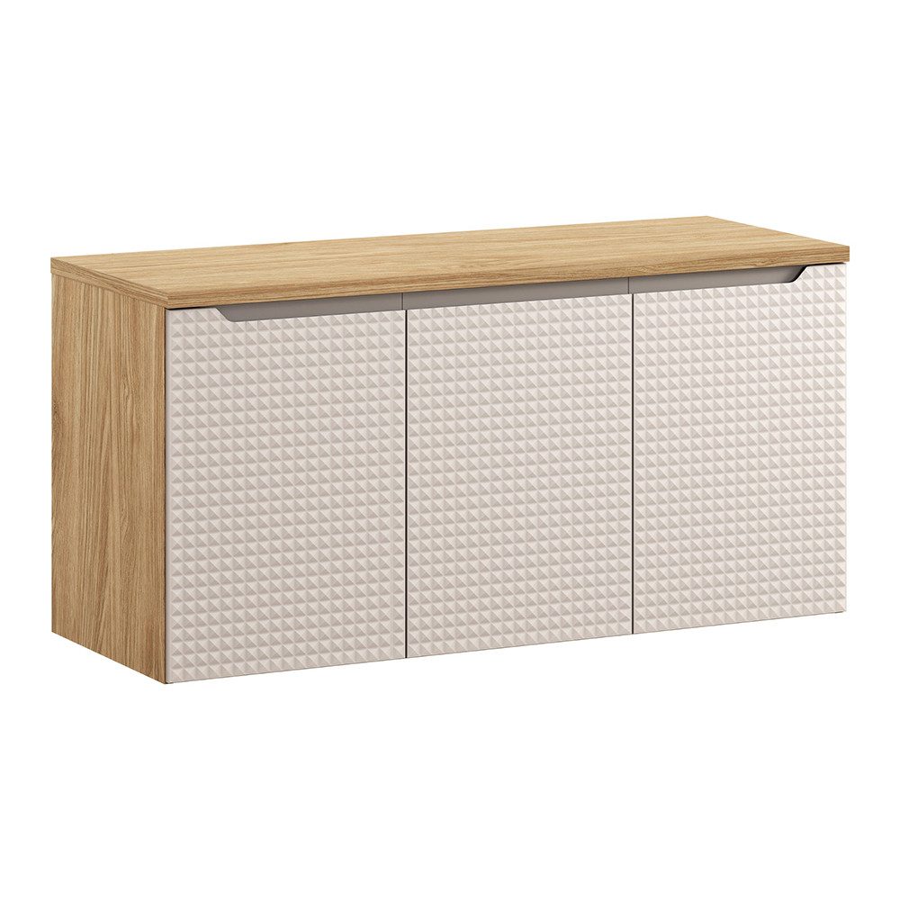 Lomadox Waschbeckenschrank LONDON-56-BEIGE Eiche mit beige, 120cm breit, 3D-Front, grifflos, Drehtüren