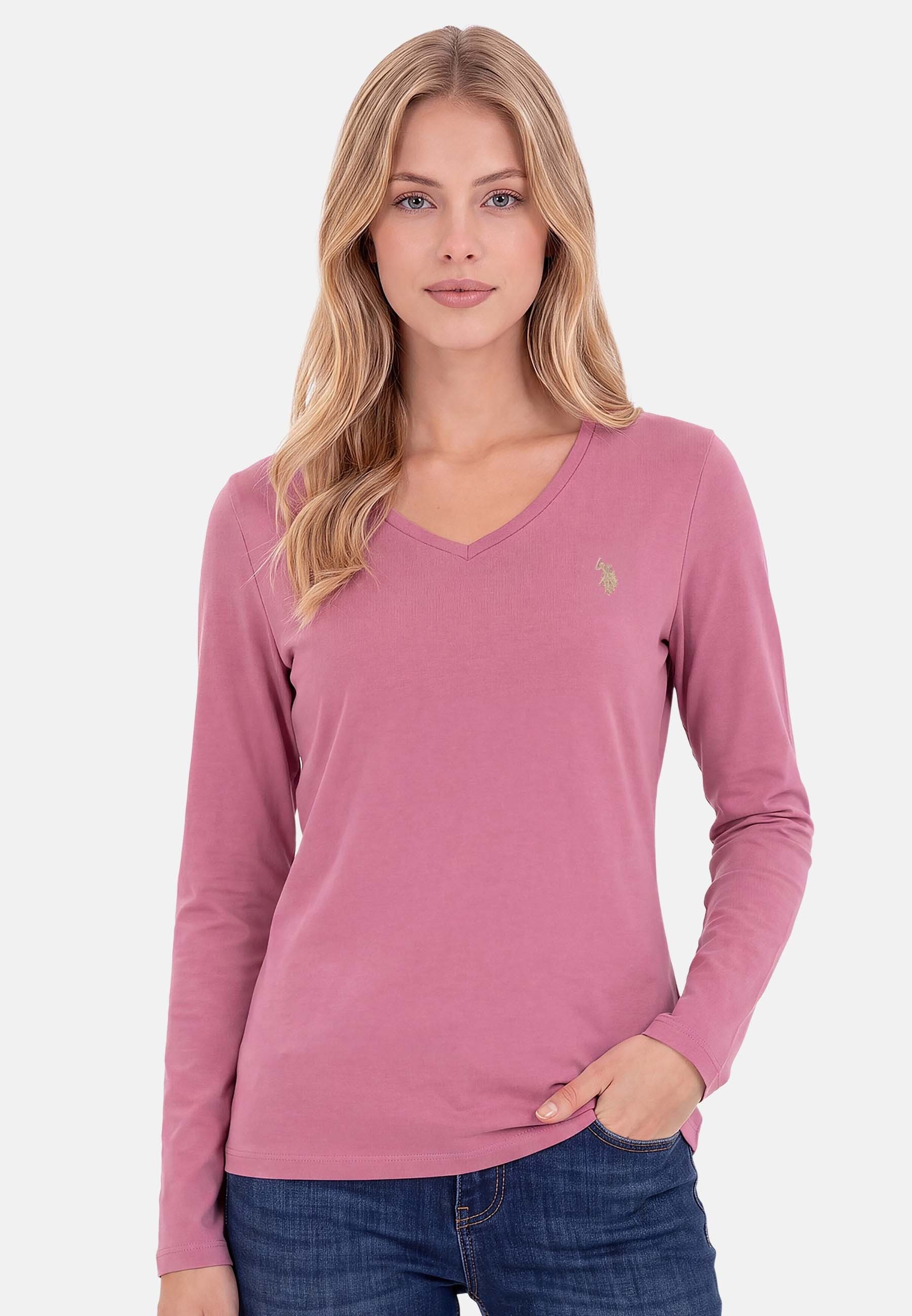 U.S. Polo Assn. Langarmshirt mit V-Ausschnitt und Stickereidetails Elastisches Longsleeve mit normaler Passform