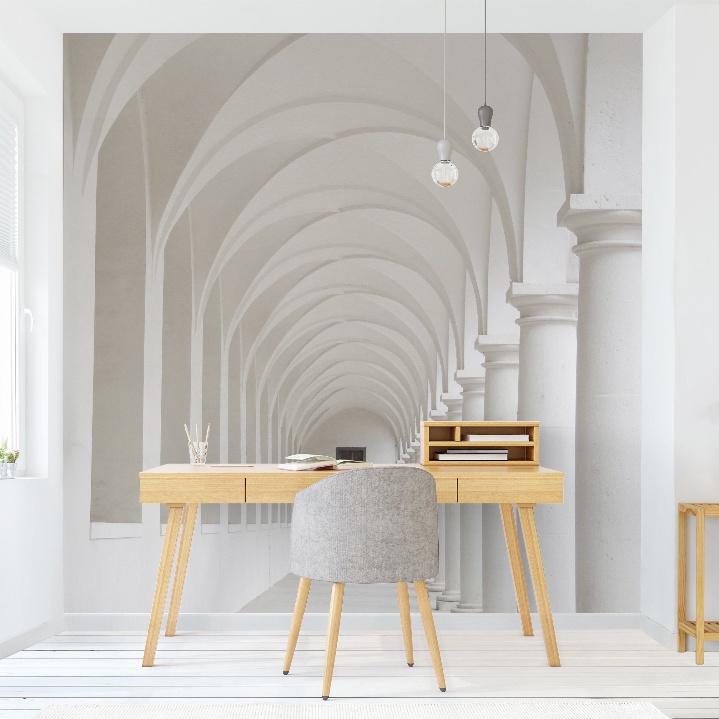 Bilderdepot24 3D-Tapete Effekt Arkaden 3D-Optik Modern Wanddeko Raumtiefe Weiß, Glatt, Matt, (Vliestapete inkl. Kleister oder selbstklebend), Wohnzimmer Schlafzimmer Küche Flur Fototapete Vliestapete Wandtapete