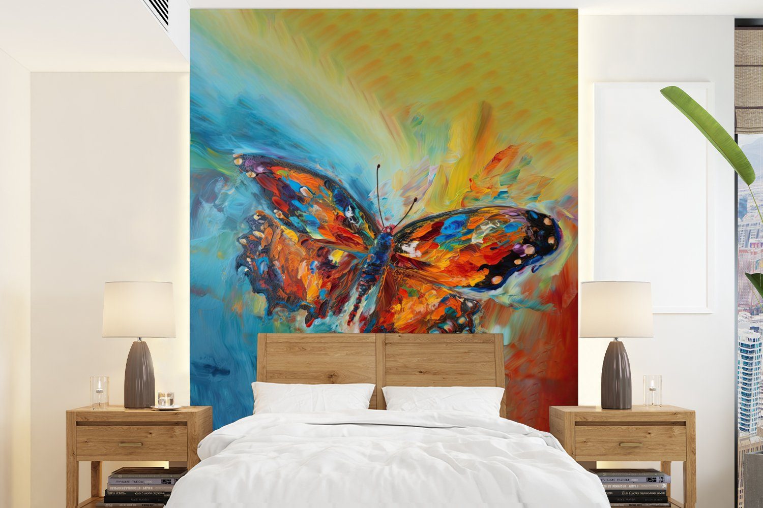 MuchoWow Fototapete Schmetterling - Farben - Kunst - Malerei, Matt, bedruckt, (4 St), Montagefertig Vinyl Tapete für Wohnzimmer, Wandtapete