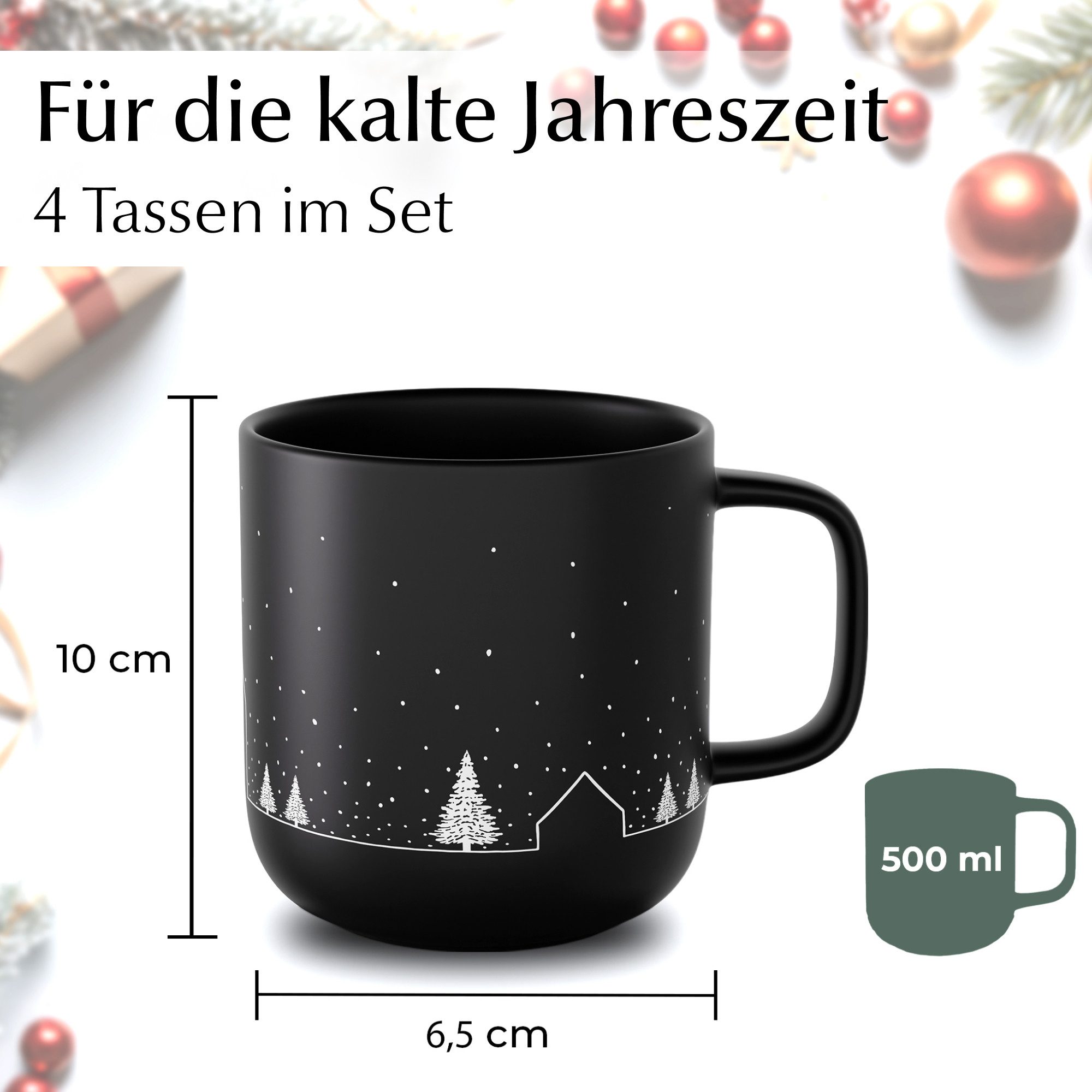 MiaMio Tasse Vinter Schneelandschaft Schwarz, 4-tlg., Keramik, 500 ml, mikrowellengeeignet