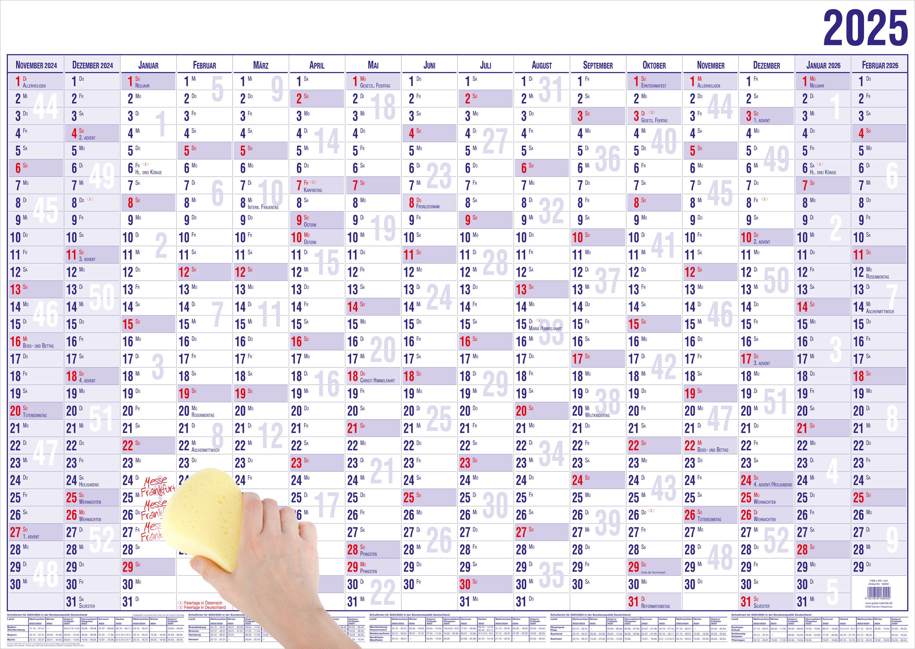 GÜSS Kalender Urlaubsplaner 2025 Güss Wandplaner A2 16 Monate m. Beschichtung