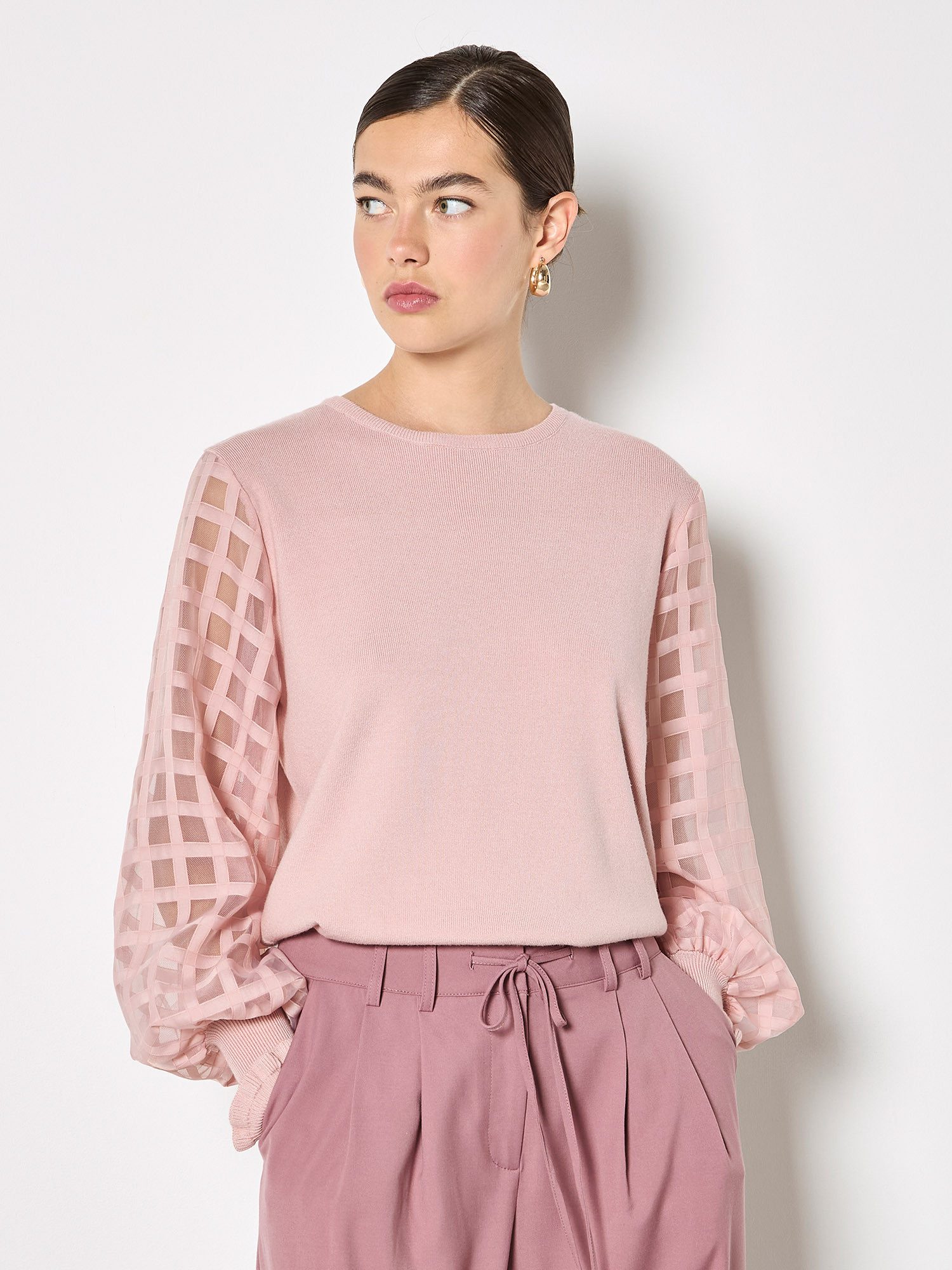 Apricot Rundhalspullover Eleganter Pullover mit kontrastierenden Organza-Är günstig online kaufen