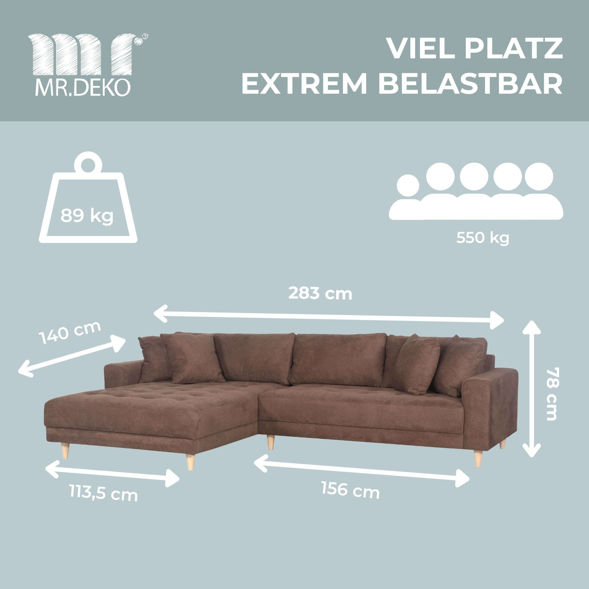 MR.DEKO Ecksofa Gorino Couch groß XXL Sofa Wohnzimmer Braun Strukturstoff, L-Form Polstersofa brown 283x176 cm 3 Teile, Ottomane beidseitig montierbar inklusive Kissen Holzfüße