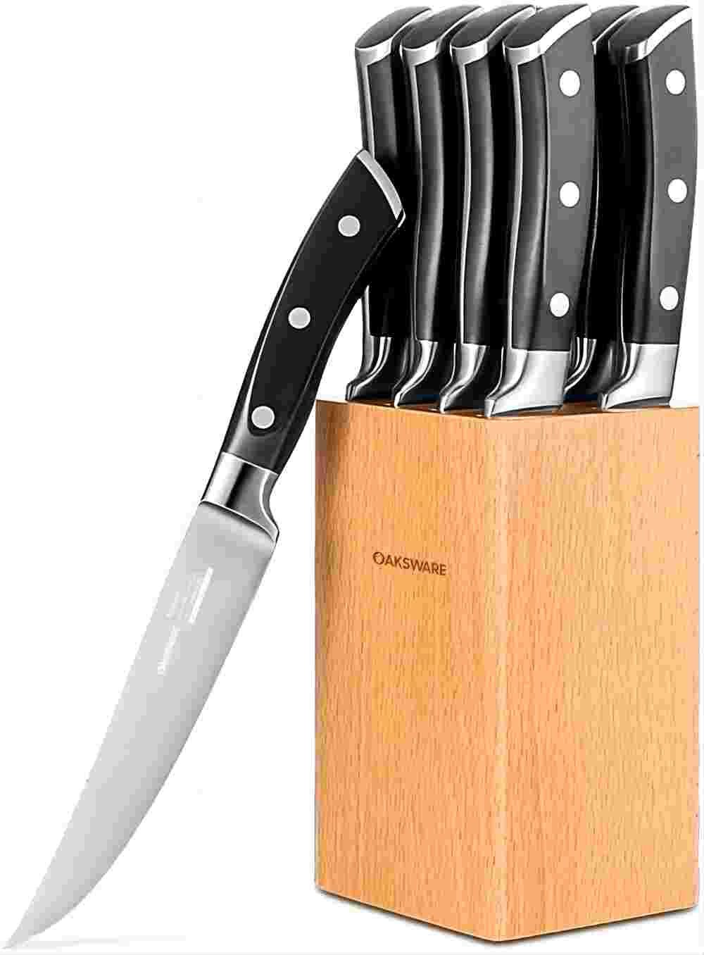 OAKSWARE Steakmesser Steakmesser Set 8-teilig mit Block, scharfe Pizzamesser und Griff (8 Stück), für Steak, Fleisch, Obst & Gemüse