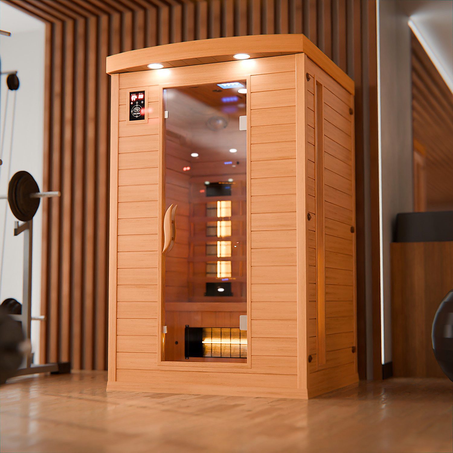 Dewello Infrarotkabine HYDER Wärmekabine, bis zu 2 Personen, 6 Vollspektrumstrahler, BxTxH: 115 x 105 x 190 cm, (Farblichttherapie, Ionisator mit Ozondesinfektion und Aromatherapie, Multimedia und zusätzlich USB-Anschluss & Bluetooth möglich) Sauna aus Hemlock-Tannenholz, leichter Aufbau dank Stecksystem