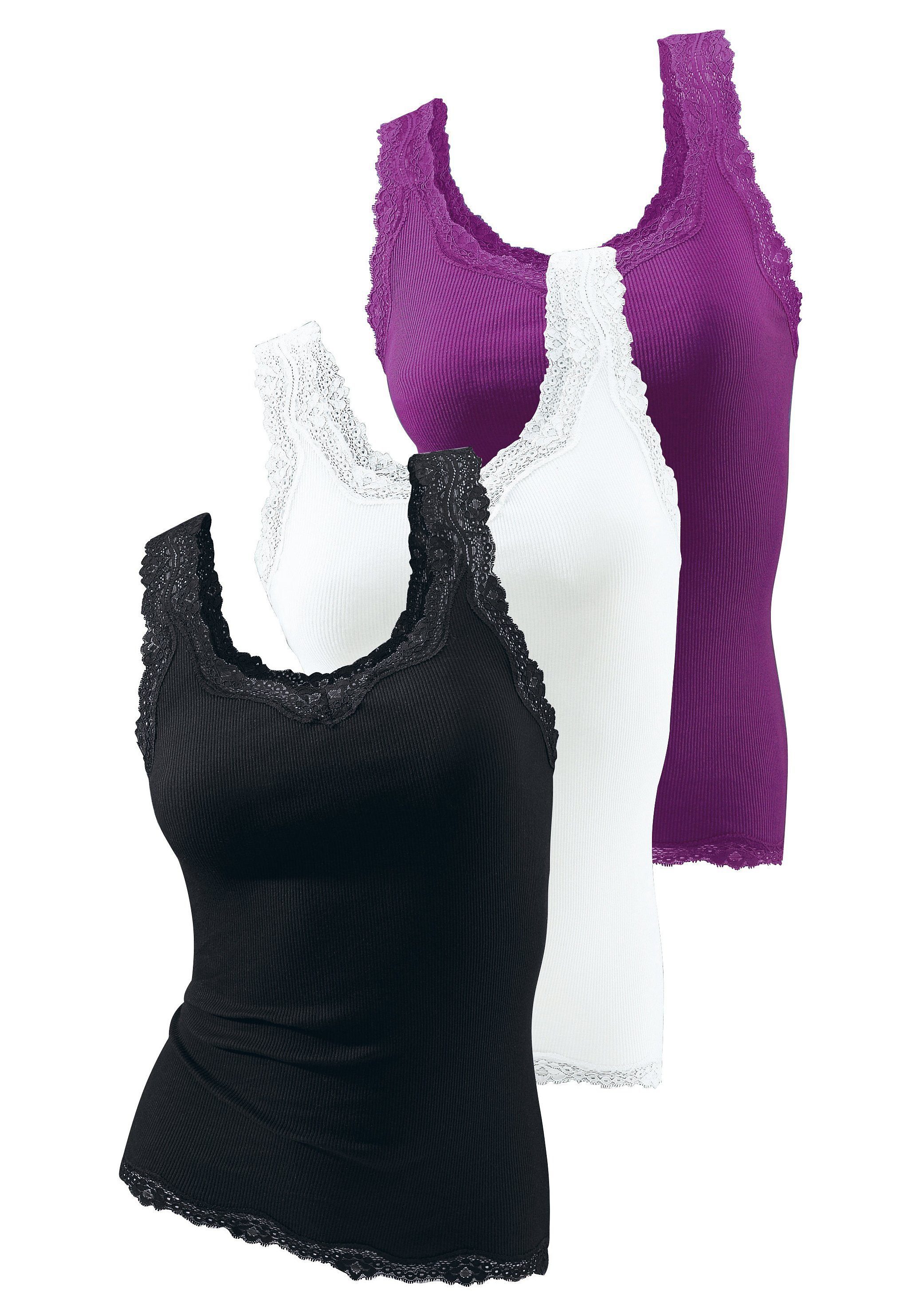 H.I.S Tanktop (3er-Pack) mit Spitze schwarz, weiß, beere