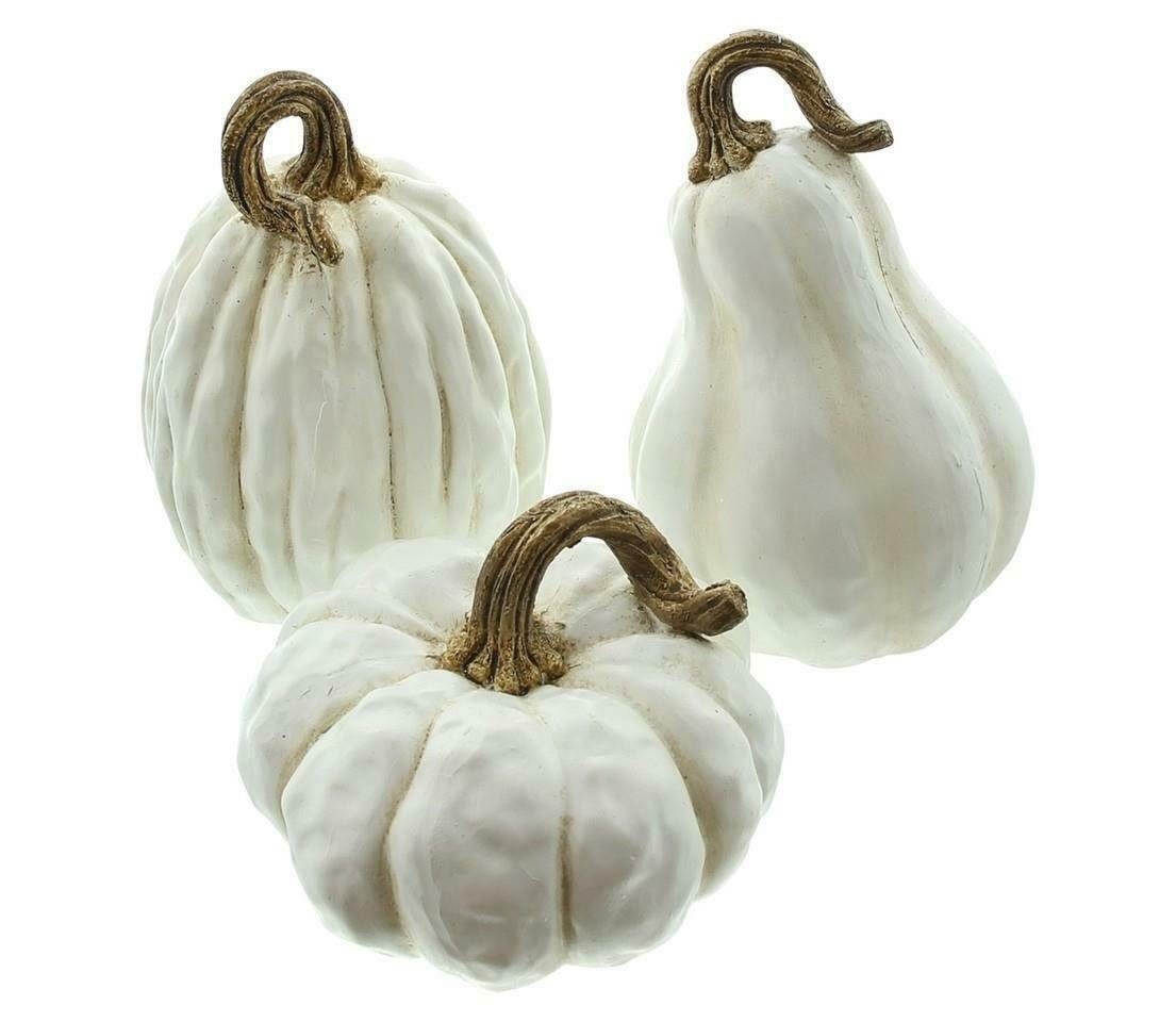 Home-trends24.de Dekofigur Kürbis 3er Set Weiß Gold Figur Herbstdeko Deko Herbstfigur