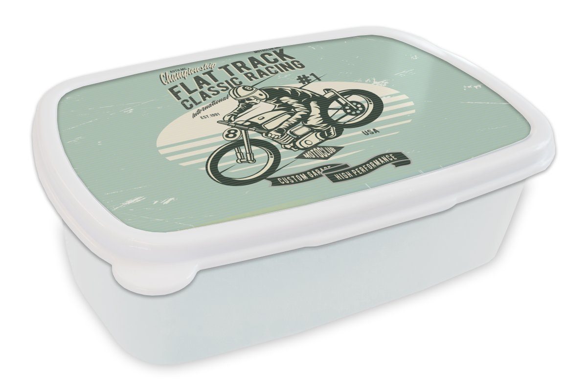 MuchoWow Lunchbox Motorrad - Retro - Zitat, Kunststoff, (2-tlg), Brotbox für Kinder und Erwachsene, Brotdose, für Jungs und Mädchen weiß