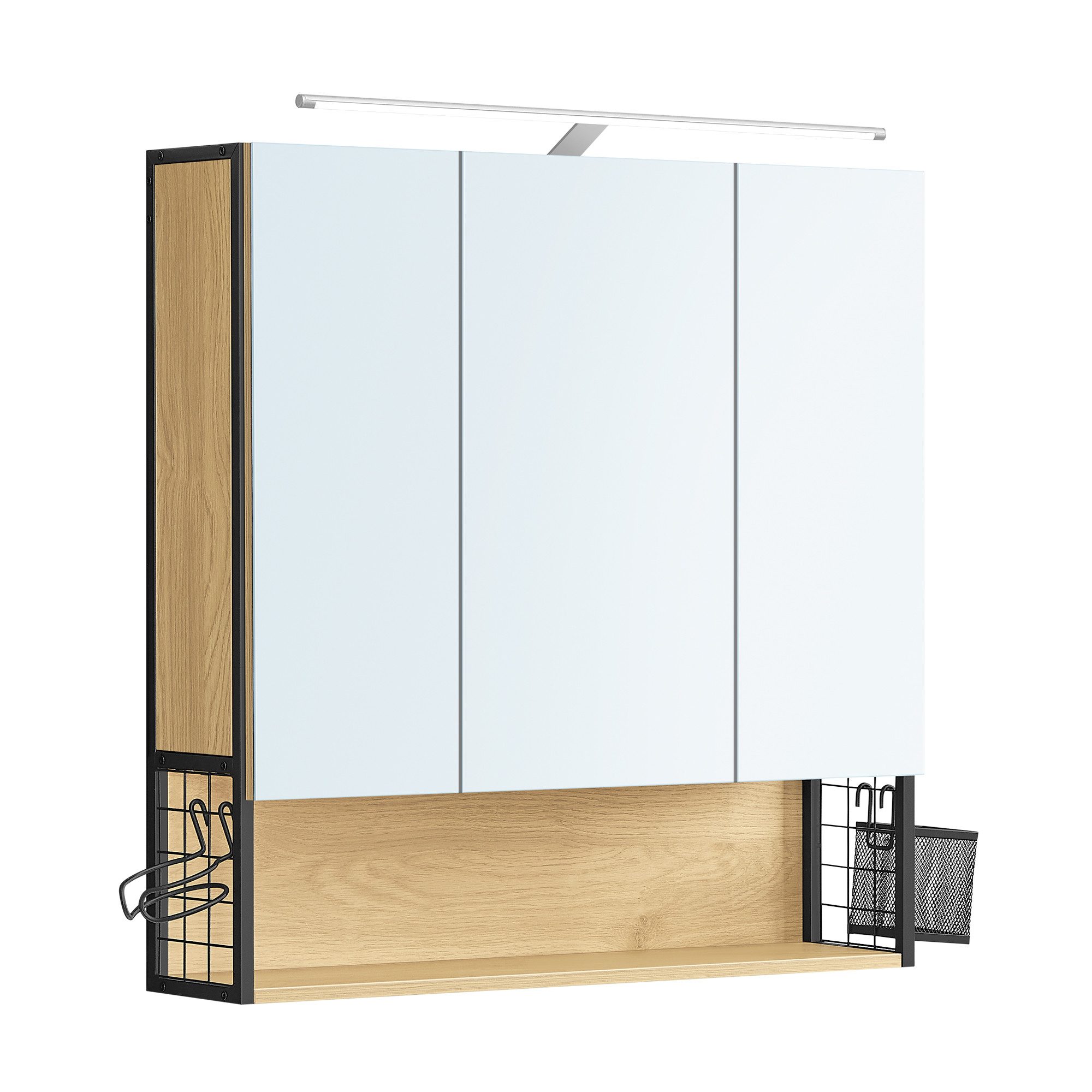 VASAGLE Spiegelschrank Badezimmerschrank, Badschrank, Wandschrank (mit LED-Beleuchtung) mit Stecker, Hängekorb, Haartrockner-Halter, natureichenfarben