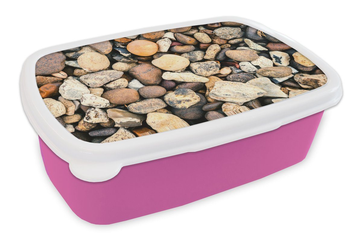 MuchoWow Lunchbox Kies - Steine - Naturstein, Kunststoff, (2-tlg), Brotbox für Erwachsene, Brotdose Kinder, Snackbox, Mädchen, Kunststoff rosa