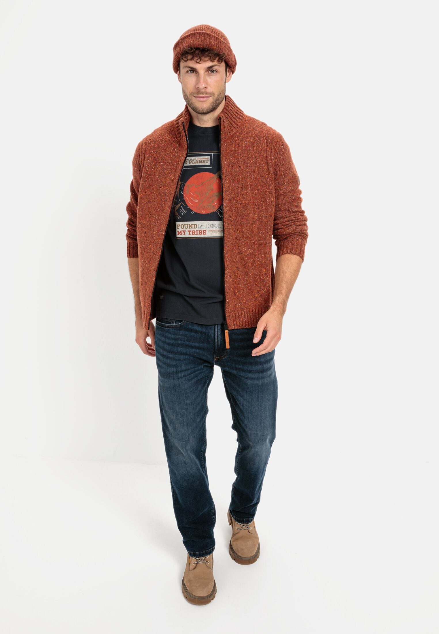 camel active Strickjacke aus nachhaltiger Merinowolle Langarm Stehkragen
