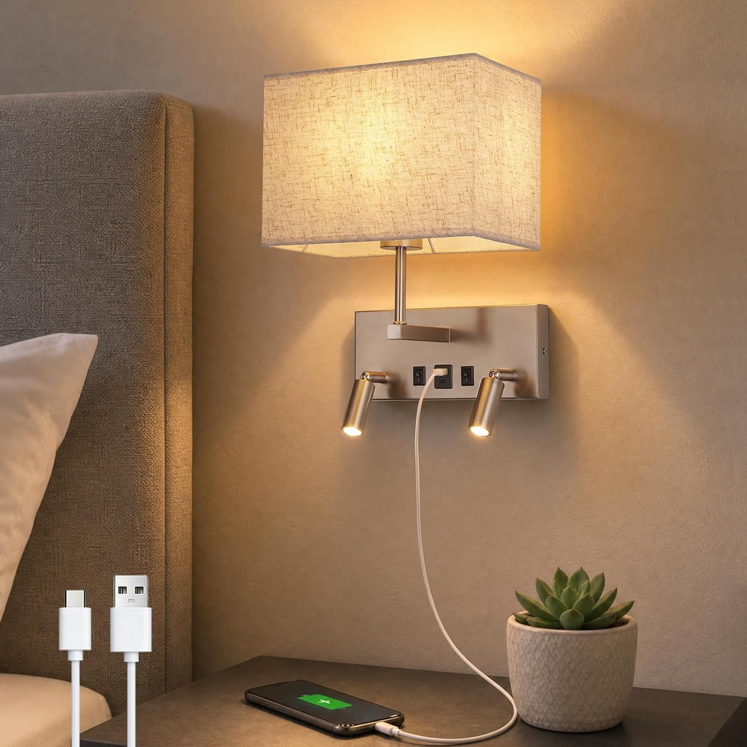 ZMH Wandleuchte Wandleuchte mit Schalter, USB-A&C, 2 LED-Leselampen – E27, Chrom, ohne Leuchtmittel, E27, 2 LED-Lesespots, USB-A & USB-C, Chrom, Metall, 360° drehbar