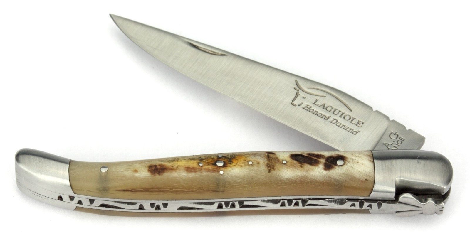 Laguiole Honoré Durand Taschenmesser 2LA112IM2AFT12PCBE BLONDE, Griff 12 cm Widderhorn - Feder verziert - Stahl satiniert