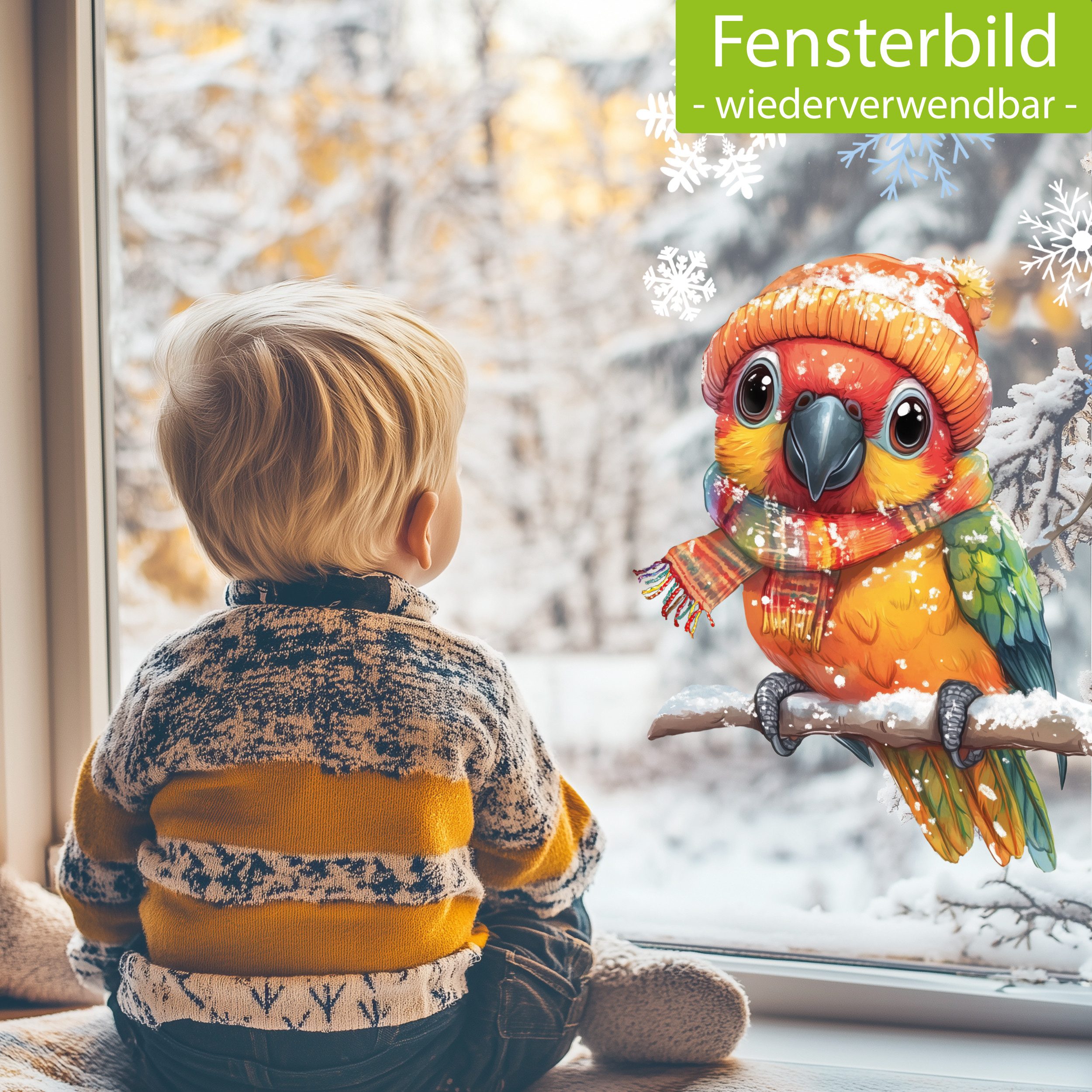 Sunnywall Fensterdekoration Kinderzimmer Fensterbild Winter Papagei mit Müt günstig online kaufen
