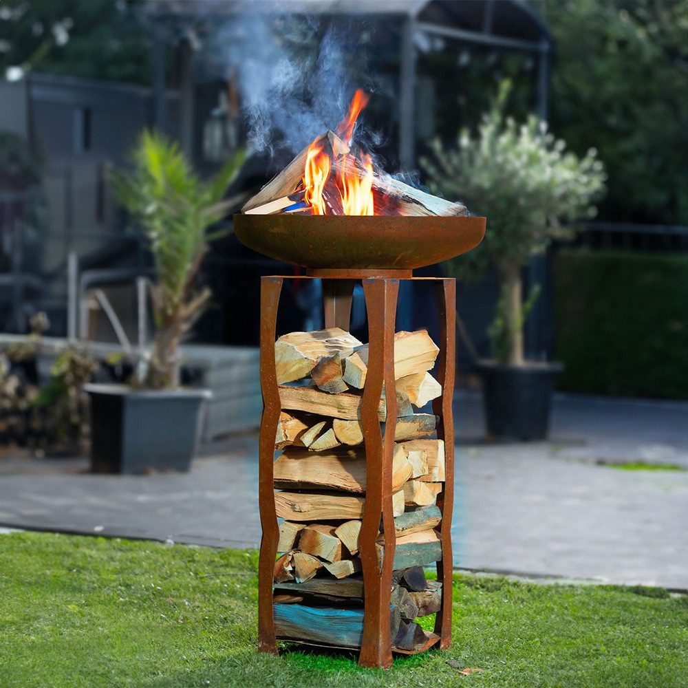 HOME DELUXE Feuerschale FRANK - Made in Germany Ø 60 cm, H: 90 cm, Feuerschale auf Holzlager, Feuerstelle, Gartendeko