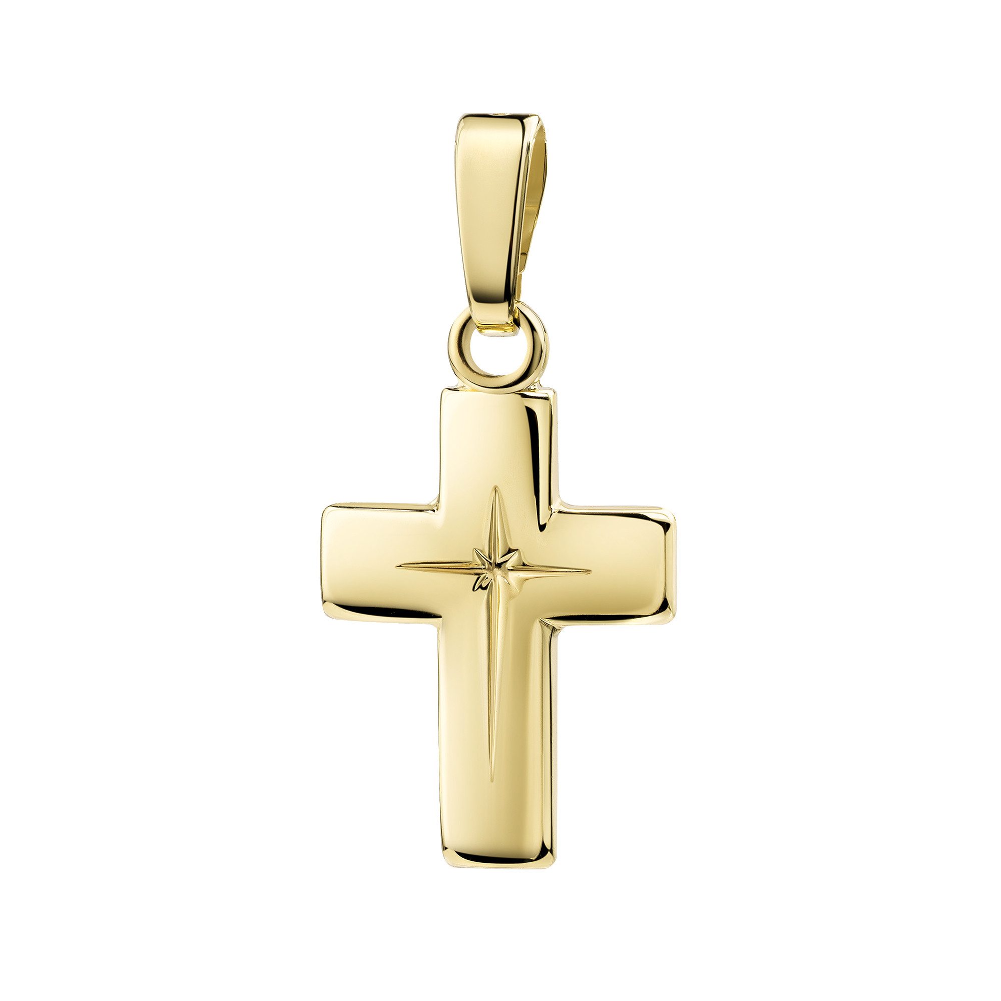 JEVELION Kreuzkette kleiner Kreuzanhänger 585 Gold + Kreuzgravur - Made in Germany (Goldkreuz, für Damen und Kinder), Mit Kette vergoldet- Länge wählbar 36 - 70 cm oder ohne Kette.