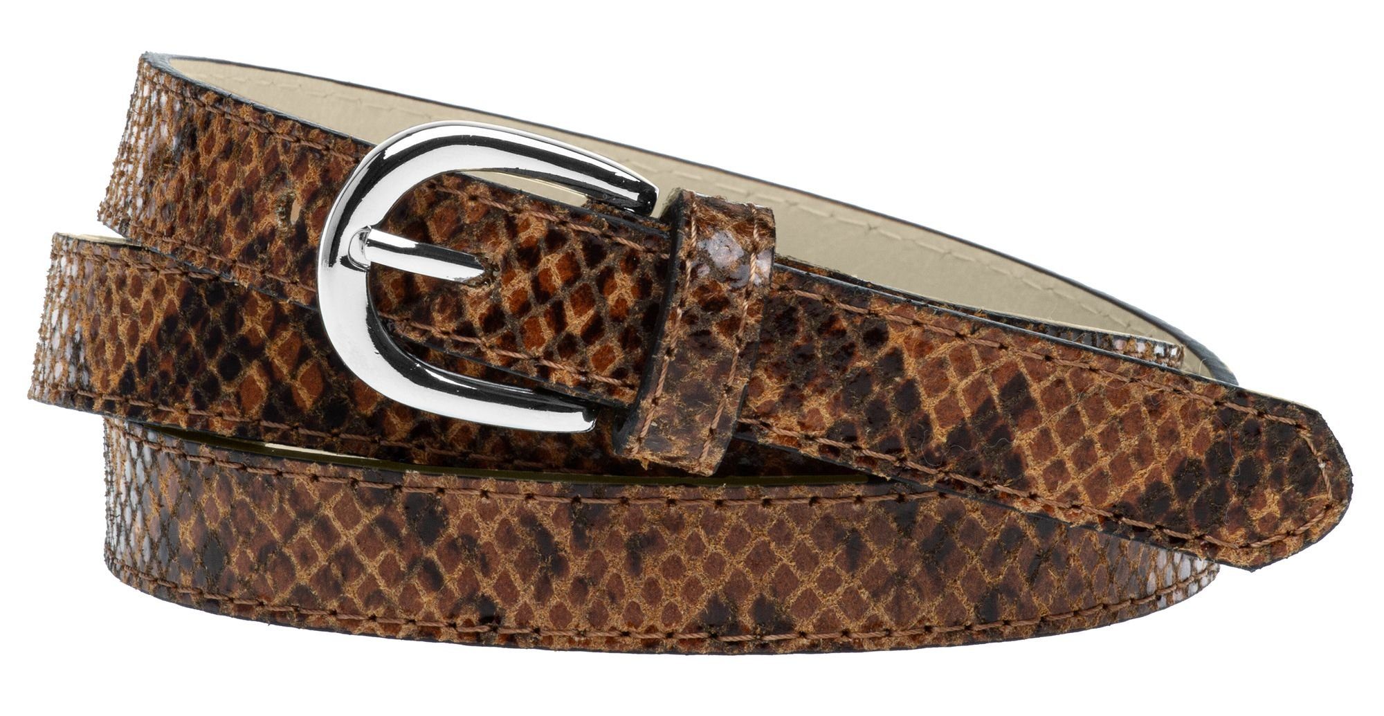 Caspar Taillengürtel GU320 eleganter schmaler Damen Ledergürtel mit Schlangenhaut Print braun