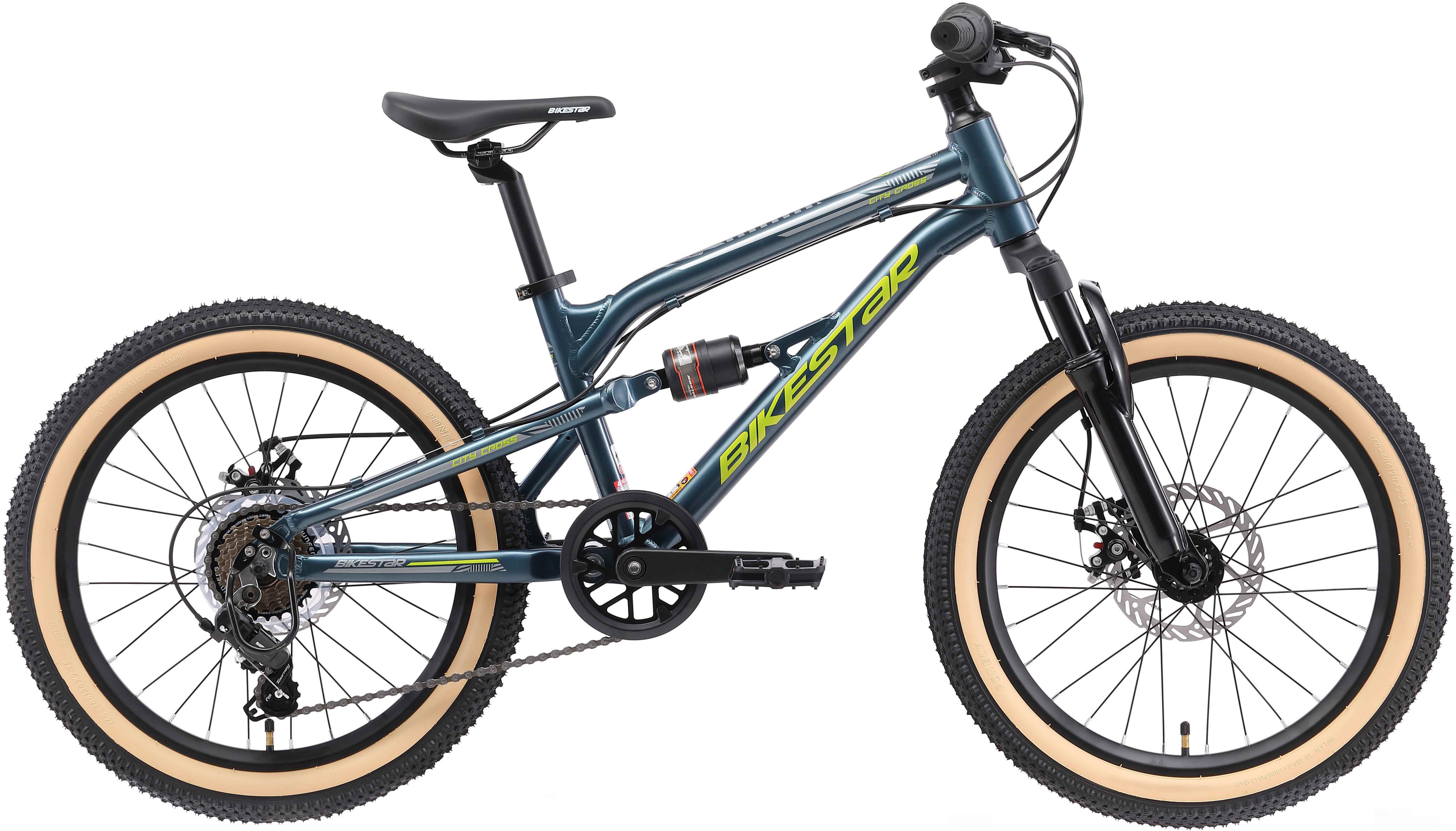 Bikestar Mountainbike 20 Zoll Aluminium Kinderfahrrad, 6 - 9 Jahre, Mädchen, Jungen, 7 Gang Shimano Tourney RD-TY300 Schaltwerk, Kettenschaltung, Scheibenbremsen, Rahmen 30 cm, Vollgefedert