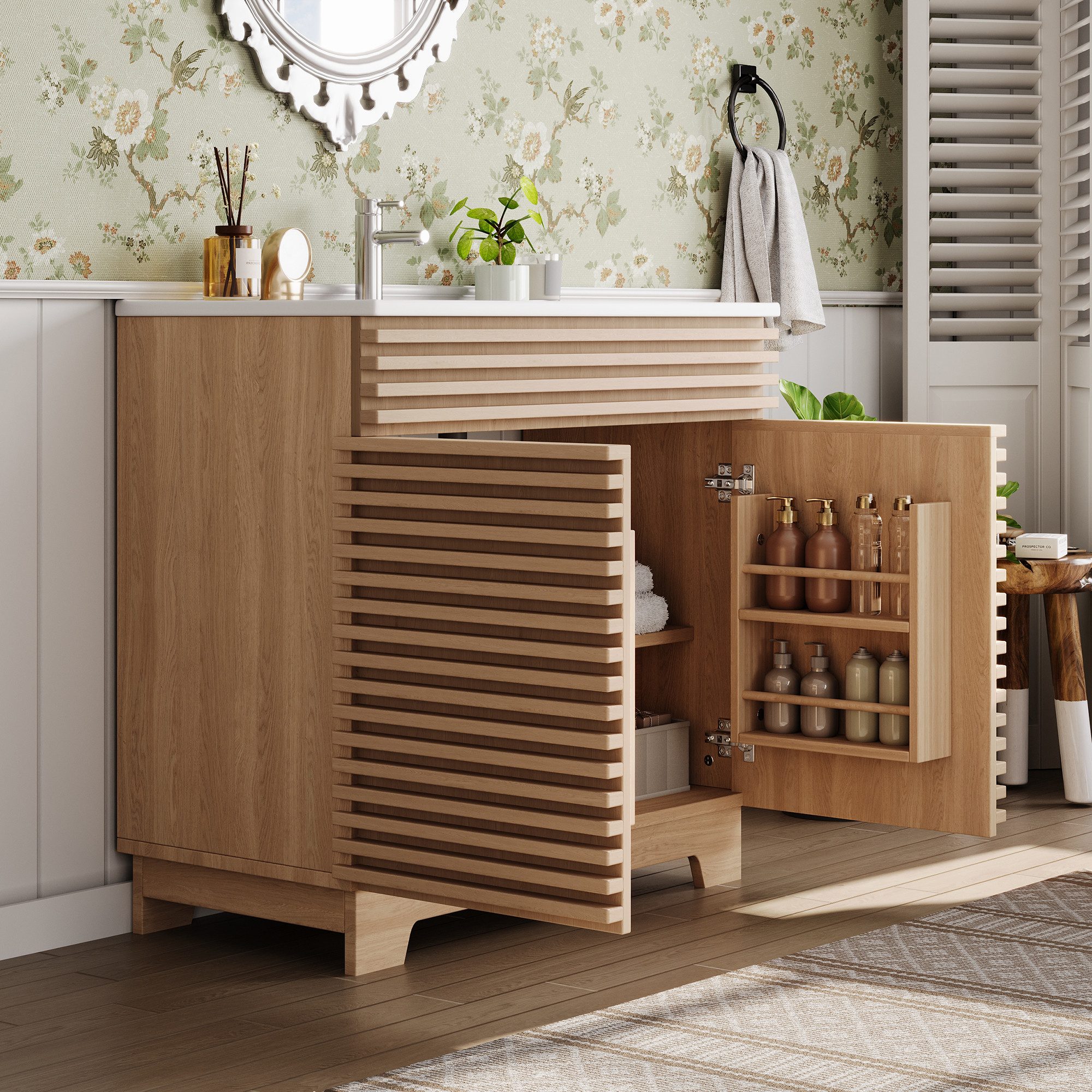 STILVORA Waschtisch Badezimmerwaschtisch mit eingebauten Regalen und hohen Schrankbeinen (Badschrank Doppeltürschrank mit Soft-Close-Scharnieren, 3D-Horizontalstreben und integriertem Waschbecken), ideal für den Alltagsgebrauch