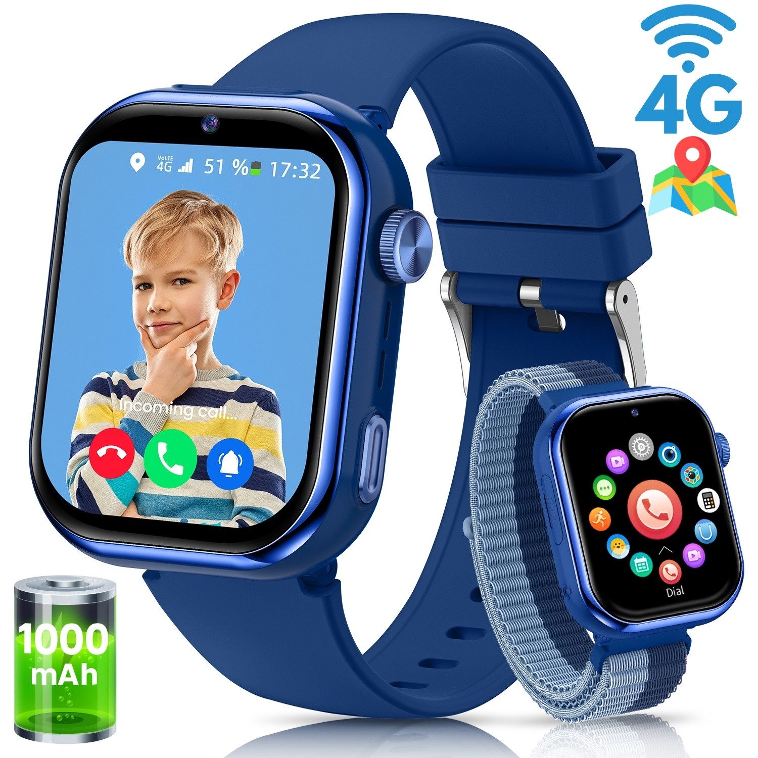 SWGOTA 4G Kinder Smartwatch 1000mAh mit GPS & Telefonfunktion Smartwatch (1,43 Zoll), Smartwatch für Kinder, für 4–12 Jungen und Mädchen,für Android und IOS