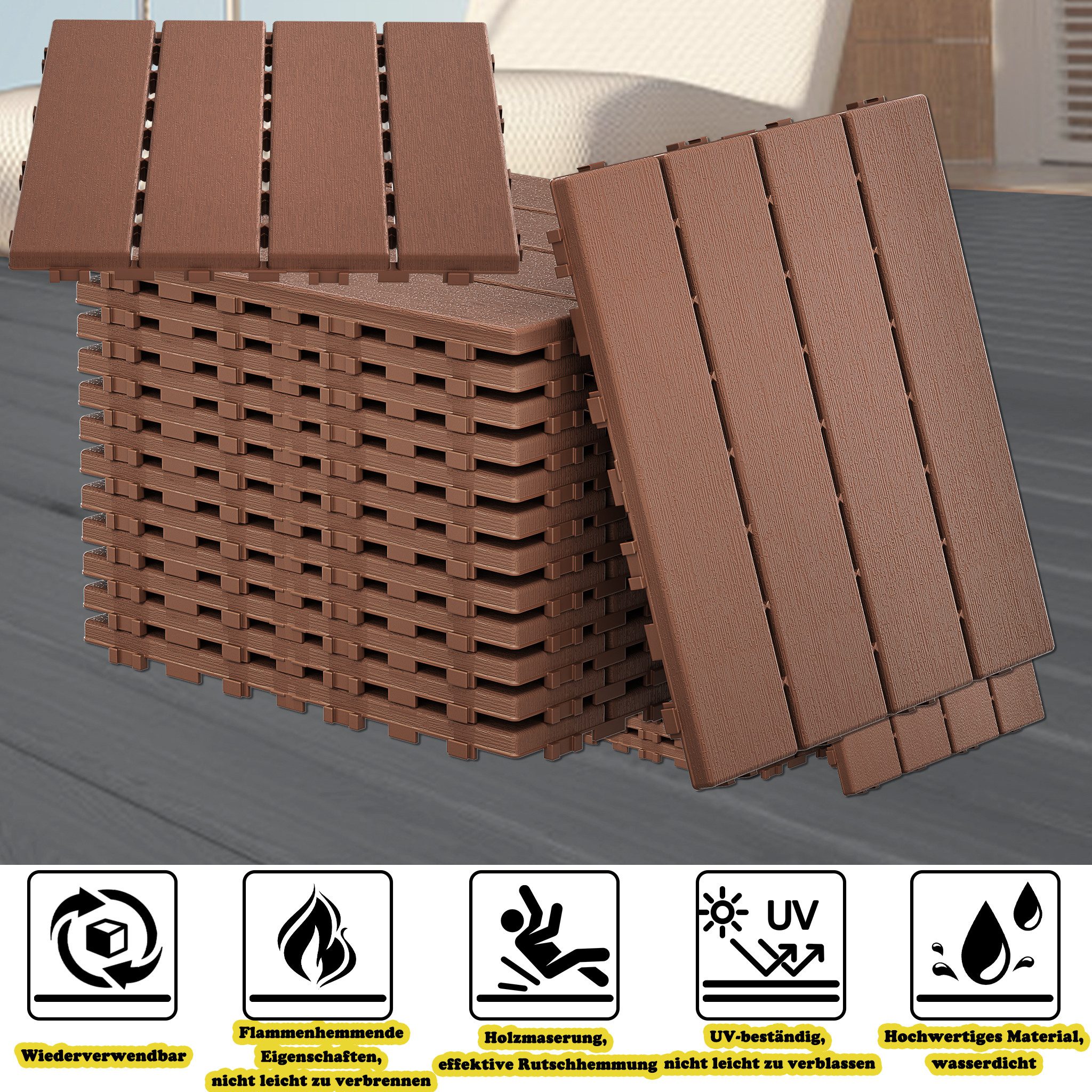 FIVMEN Terrassendielen Balkonfliesen 30x30cm, Terrassenfliesen in Holzoptik, (44-St., Bodenbelag für Balkon, Terrasse, Außenbereich, Dunkelkaffee), Wasserfeste Gartenfliesen Kunststoff mit Klick-System