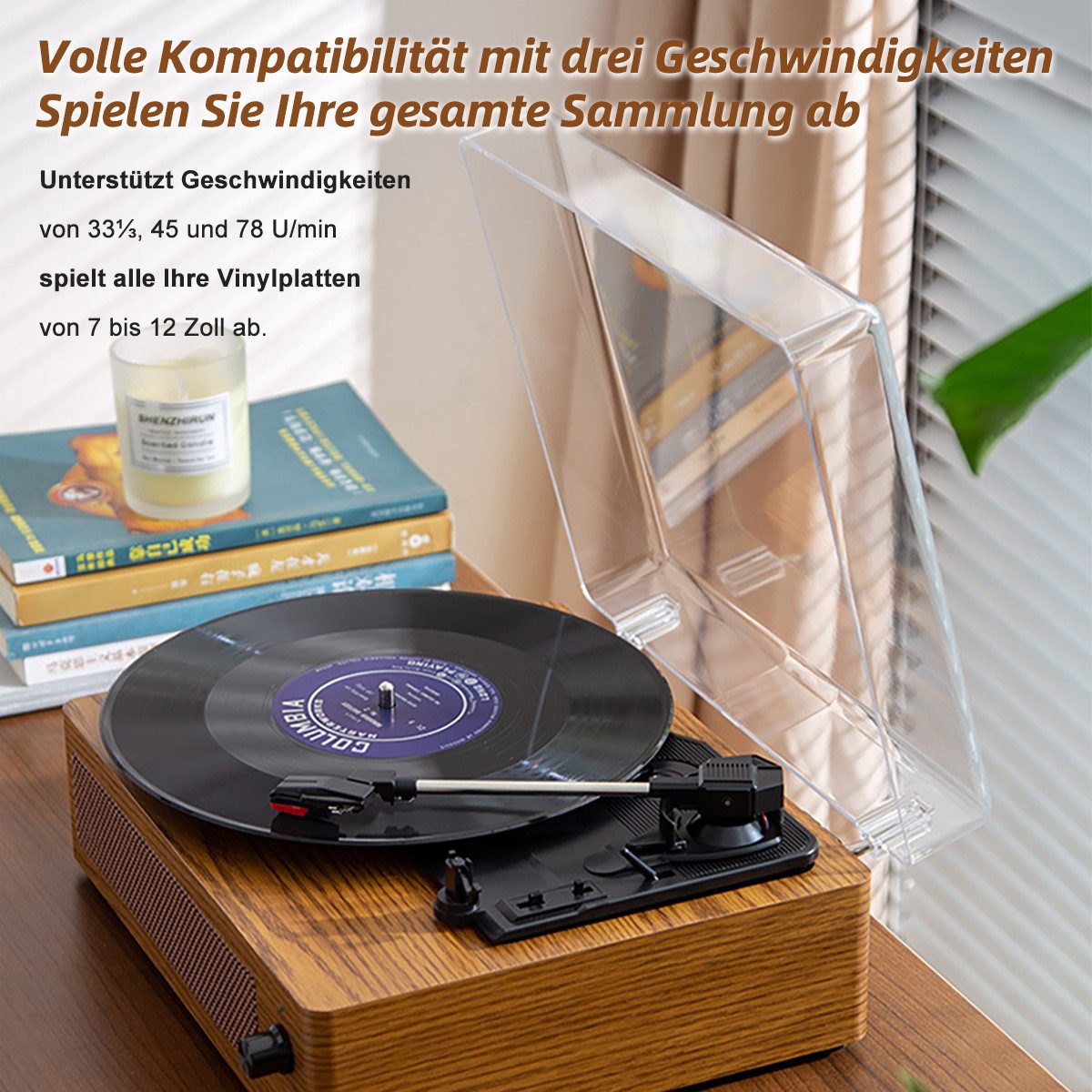Tekoo Schallplattenspieler Retro Holz, Bluetooth 5.4 & Lautsprecher Plattenspieler (Riemenantrieb, Bluetooth, Integrierte Stereo-Lautsprecher, Auto-Stop-Funktion, Retro-Holzdesign)