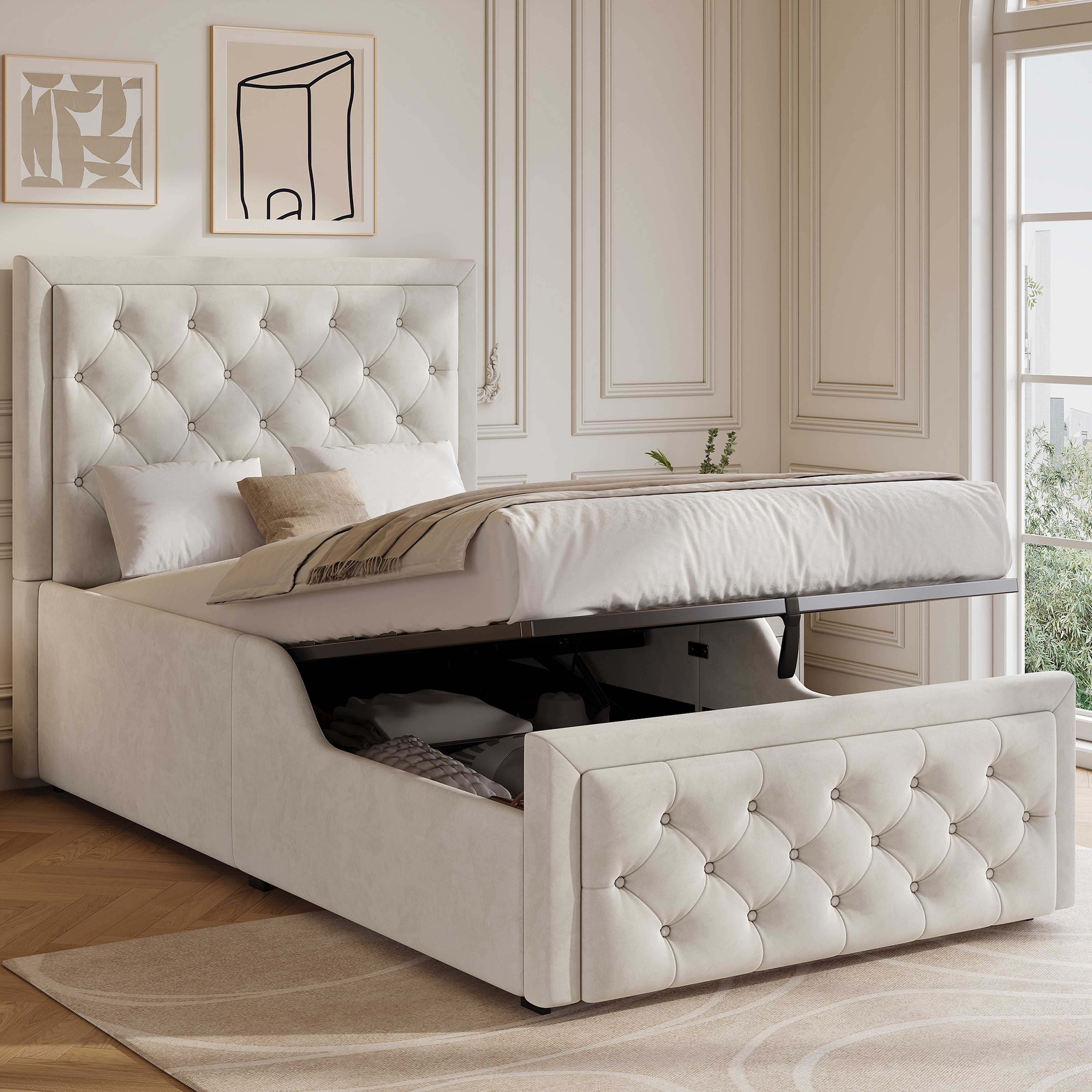 BlingBin Einzelbett Polsterbett 90x200 cm in Samt Beige (1-tlg., Kinderbett mit hydraulischem Stauraum, gepolstertem Knopf-Kopfteil), belastbar bis 136 kg, für Kinderzimmer, kleine Wohnung