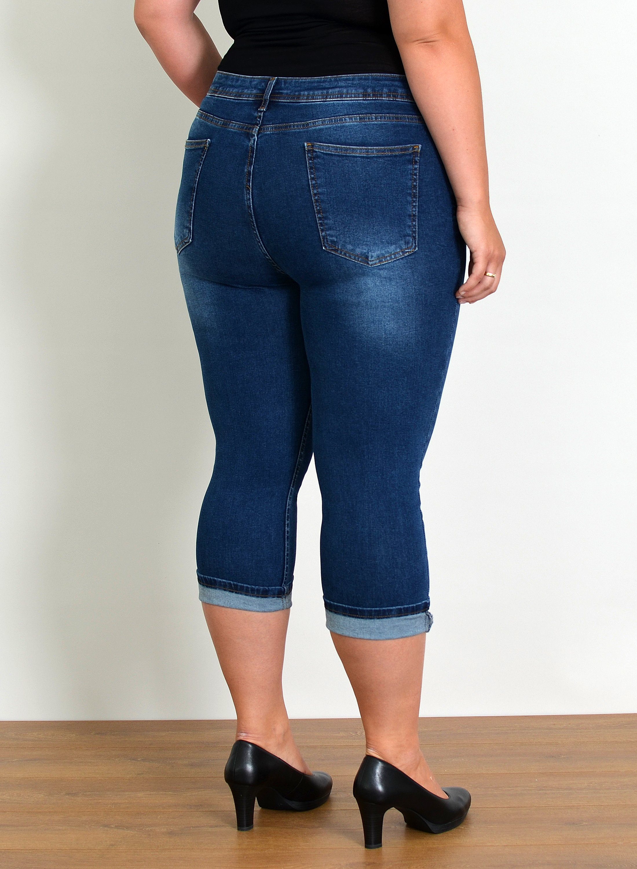 ESRA Caprijeans Capri Jeans Damen High Waist Hose 3 4 Jeans Damen Sommer bis Übergröße Sommer Damen Jeans Capri Hose Damen 3/4 Hose hoher Bund Große Größe