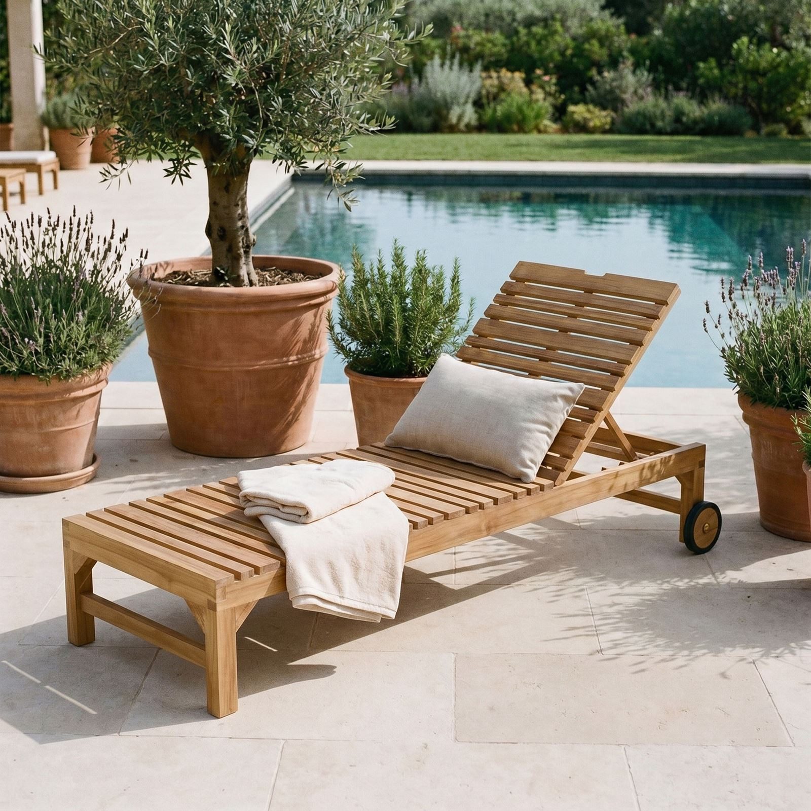 CARO-Möbel Gartenliege GRANADA, Sonnenliege aus Teak massiv mit Rollen Liege Garten aus Teakholz auf R