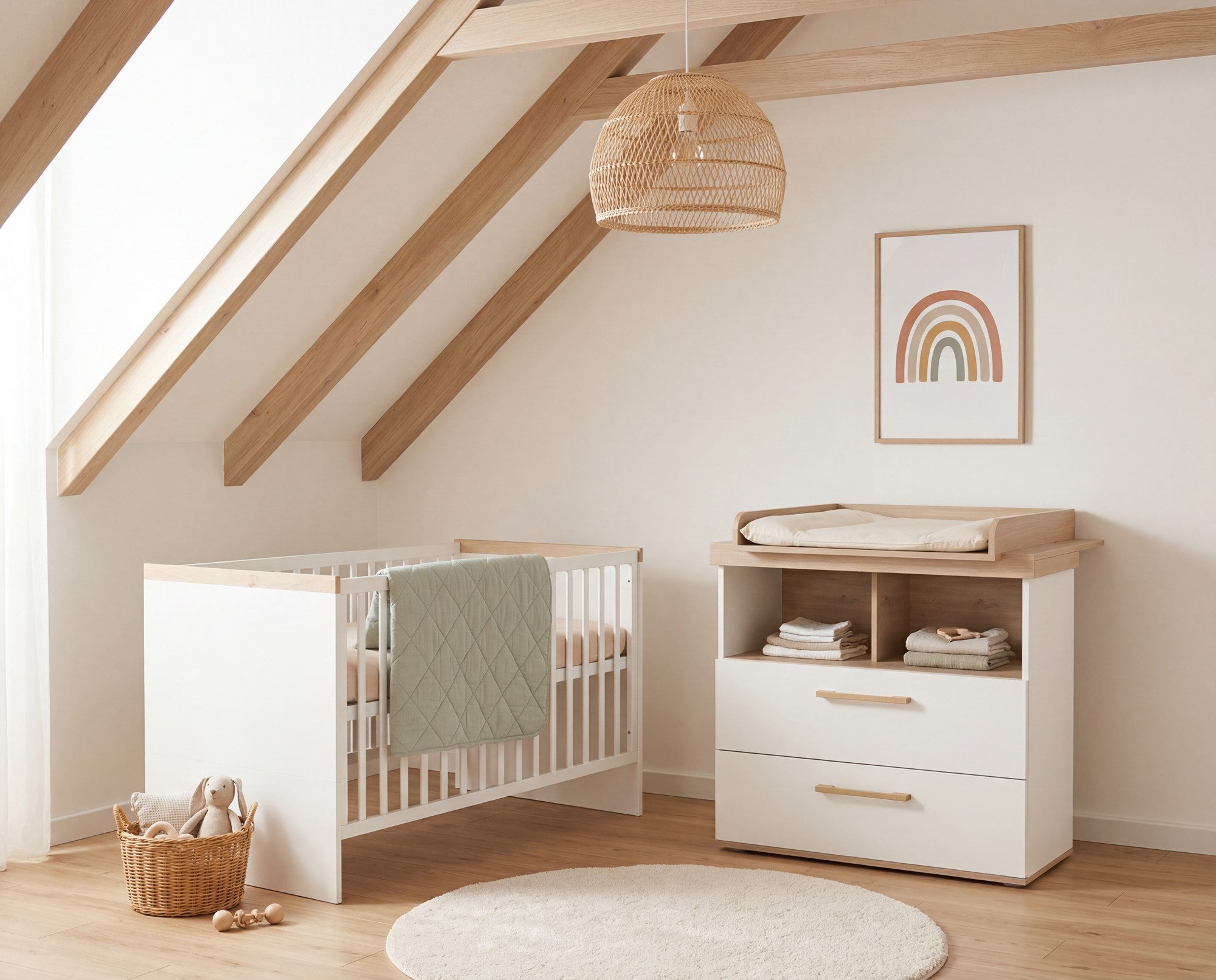roba® Babymöbel-Set Jimmy 2-teilig - stabil aus Holz - MADE in EUROPE - Dekor in Eiche, (Set, Babybett 70 x 140 cm mitwachsend - Wickelkommode Soft Close Schubladen), Skandi Design - moderne Farben - langlebige Kinderzimmermöbel
